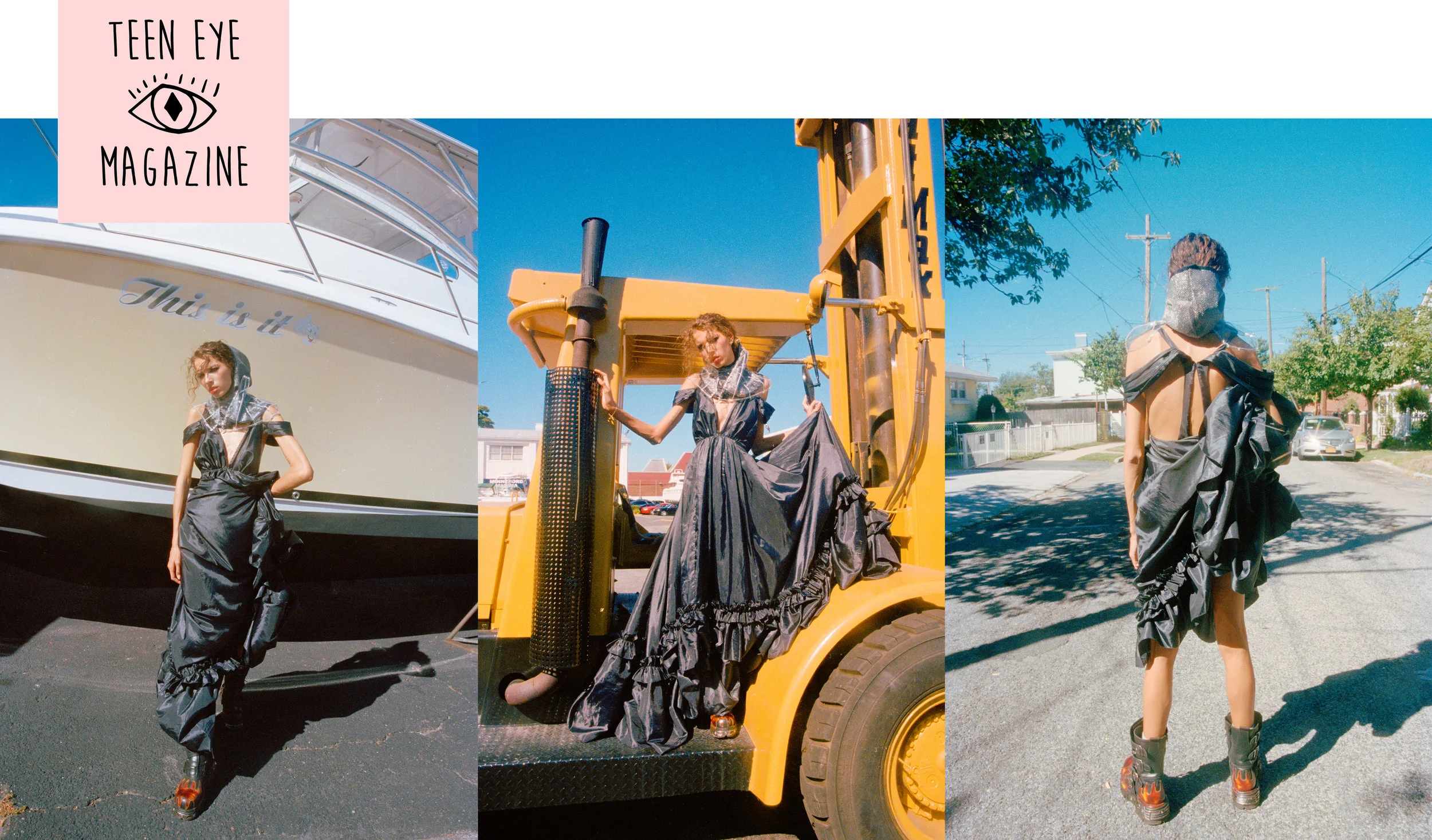 Teen Eye magazine editorial feautre Kelsey Randall navy silk taffeta parachute bustle gown ruffle dress Phia Wilson Emily Odesser Mia Varrone combat boots construction site bulldozer boat made-to-measure luxury bespoke custom womenswear made in New York City NYC Brooklyn Bushwick handcrafted red carpet fashion bridal gowns