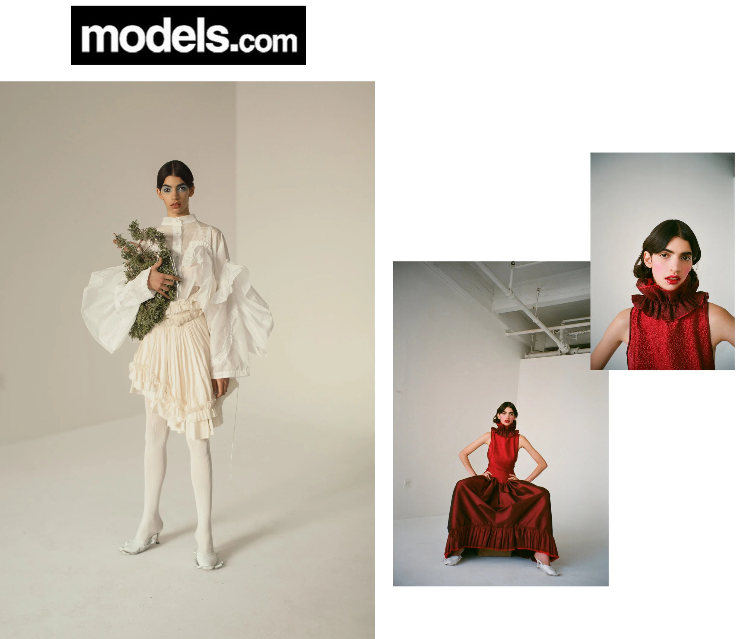 Models Models.com Editorial New Faces Irene Guarenas Harley Weir Wade Lee Hair APM Model Management Franco Schicke Jessica Wu Mariko Hirano Kelsey Randall bespoke muslin collection red silk taffeta gown ruffle dress neck ruff hammered organza made-to-measure luxury womeswear fashion
