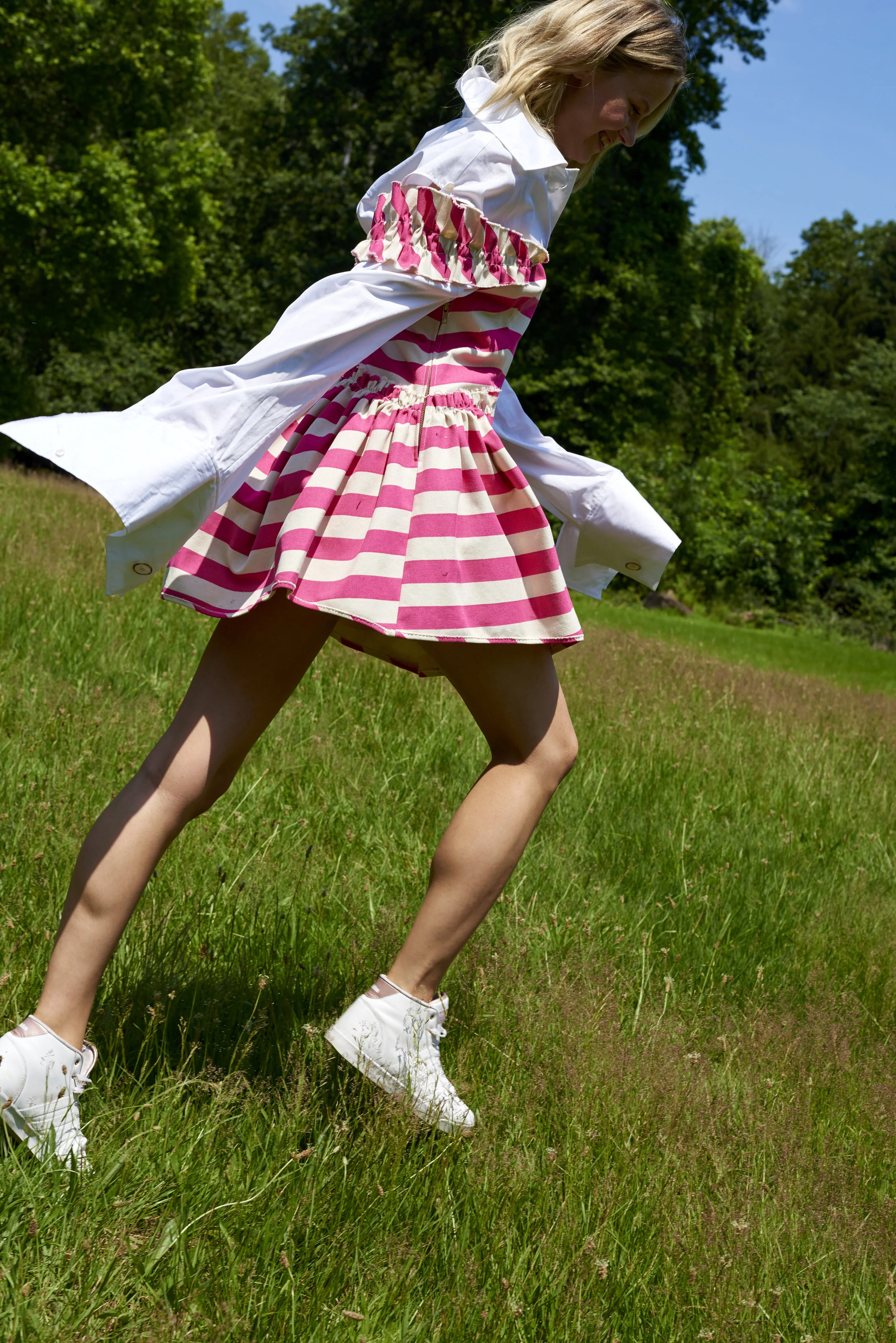 kelsey randall pink striped canvas cotton denim ruffle jumper dress rope shoulder strap babydoll cupcake princess