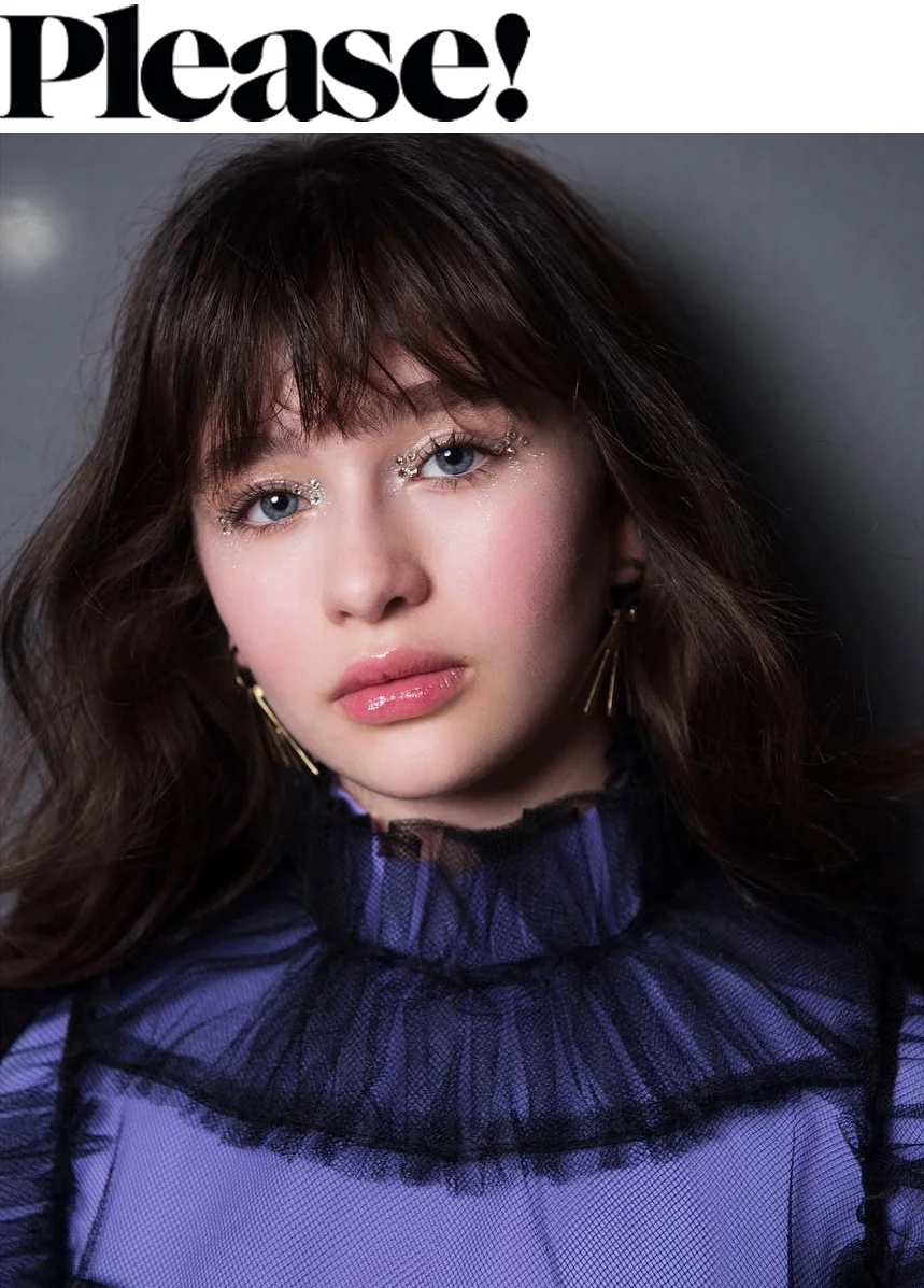 malina weissman a series of unfortunate events netflix kelsey randall black tulle dress high neck ruffle gather purple tee shirt rhinestone eye makeup glitter please magazine makeup beatury hair shot by matthew priestley makeup daniel avilan hair clay neilsen styling rachel gilman made-to-measure bespoke sustainable ethical made in new york nyc brooklyn bushwick emerging designer ones to watch rising talents stars fashion design acting