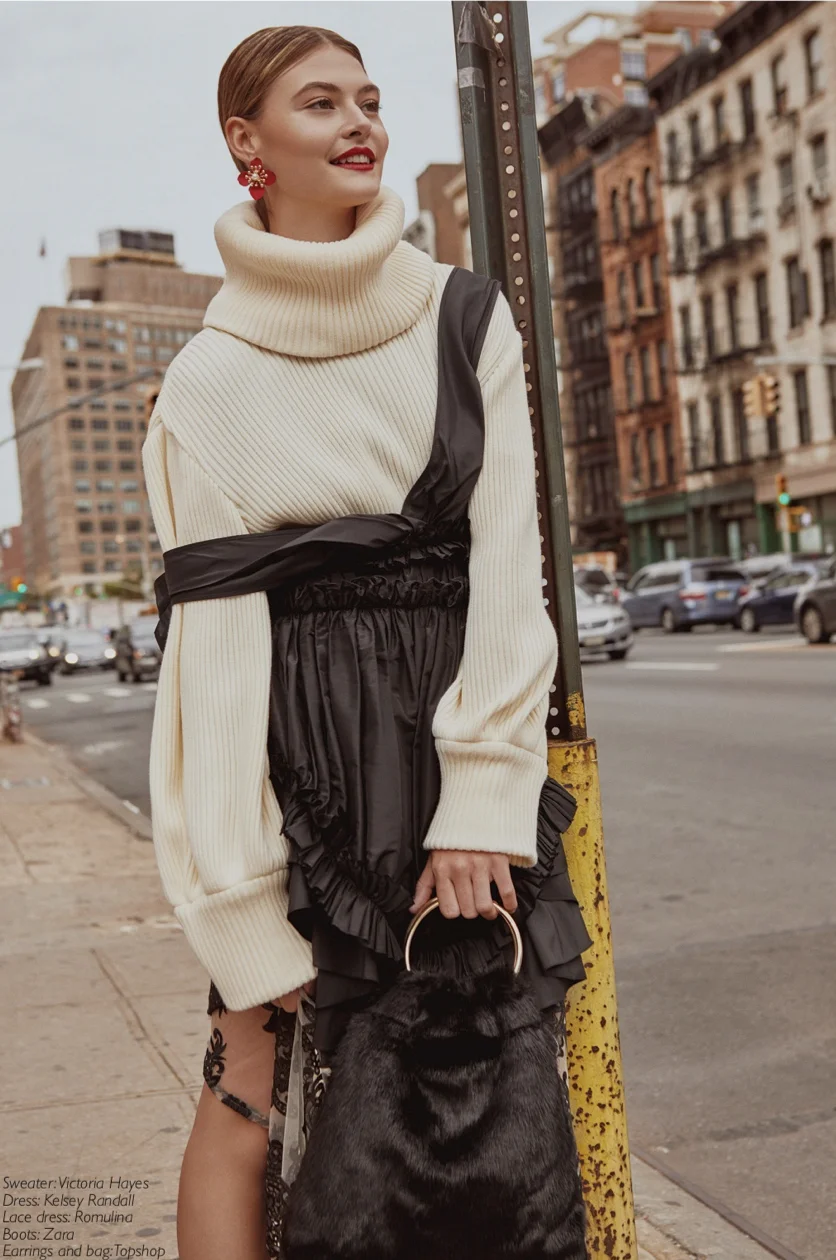 raine magazine kelsey randall cesar balcazar photographer black silk taffeta gathered ruffle dress