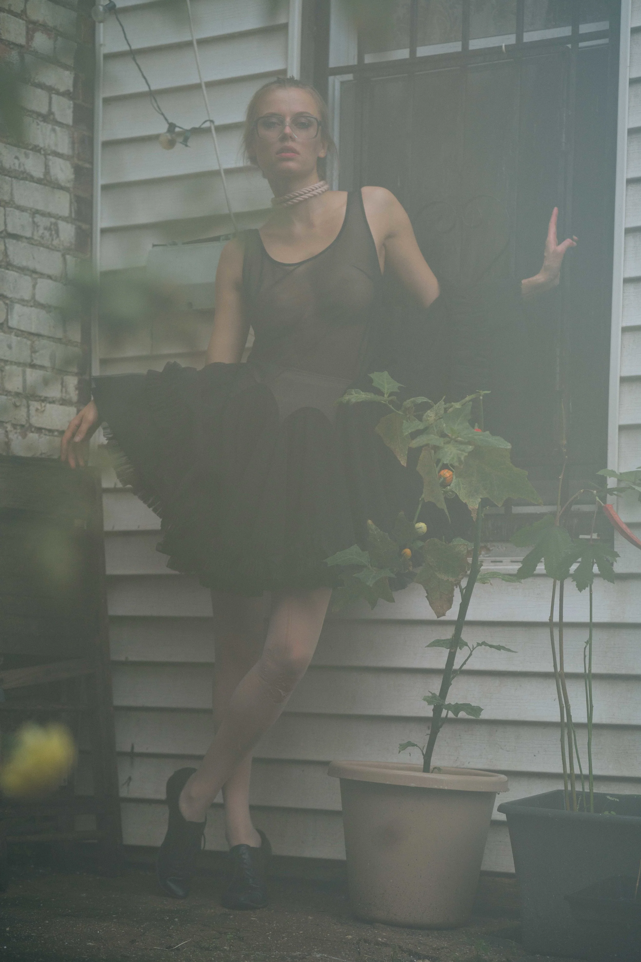 Spencer Ostrander Olga De Mar Kelsey Randall black mesh crinoline skirt godet dress sheer thin strap ruffle hem
