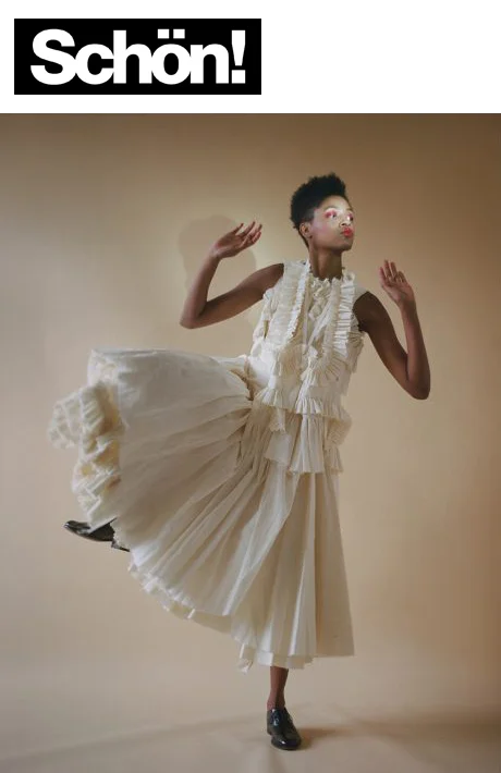 schon! magazine praying mantis featuring kelsey randall ruffled layered pleated overlay bustier corset ties strings muslin dress Photographer Lena Shkoda captures a glimpse of smooth movements in this Schön! online editorial. Fashion by Britt Layton sees model Dominique Brannon clad in fringe and flower patterned pieces by Tibi and Belstaff. Hair and makeup by Mariko Tamegai sum up the scene in a colourful look. Kelsey Randall dreamy demi-couture womenswear crafted in nyc for future icons, rock stars, and goddesses made-to-measure bespoke handcrafted custom bridal made in NYC brooklyn bushwick new york city sustainable ethical diverse boss lady werk