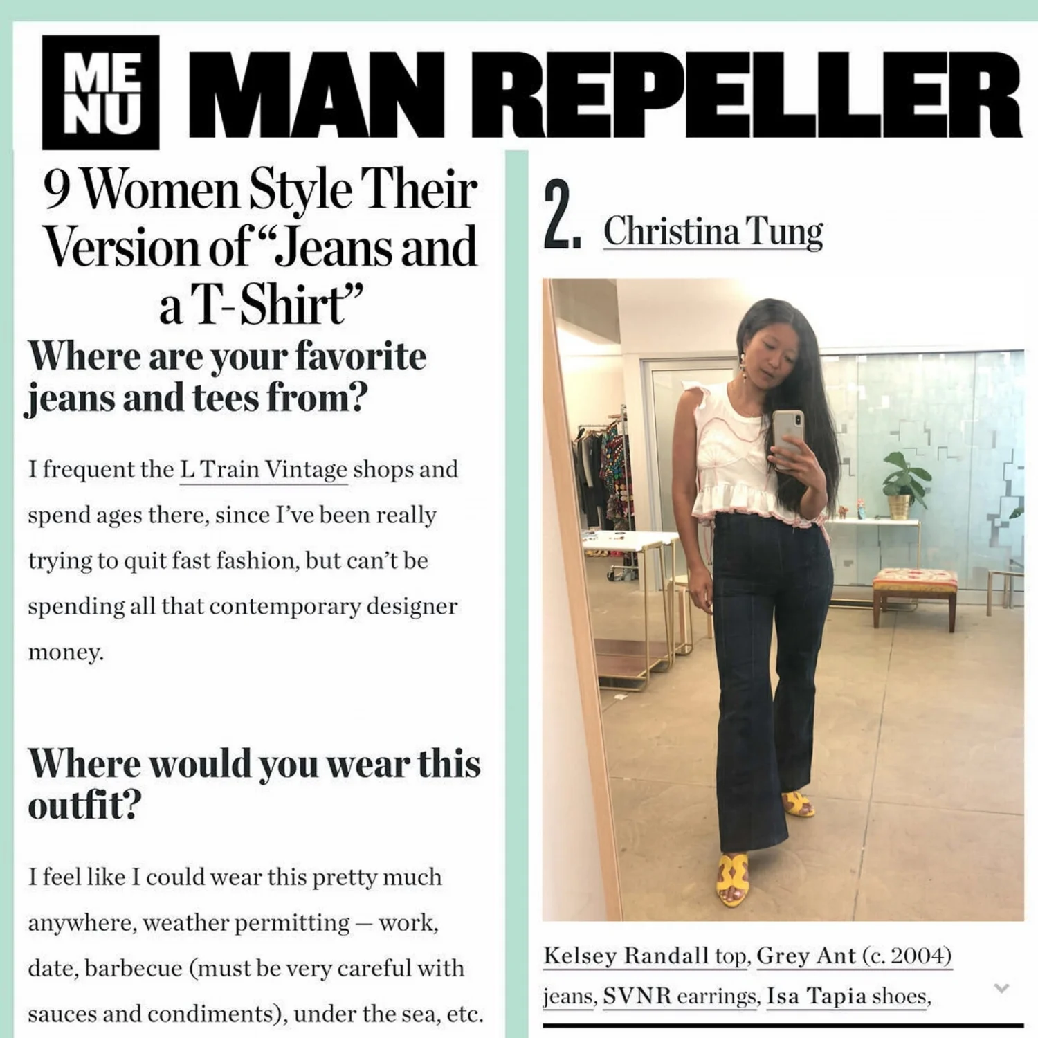 Manrepeller blog post featuring PR agent house of christina tung wearing kelsey randall hanes mermaid embroidered shell ruffle side tie pink and white tee t-shirt Kelsey Randall dreamy demi-couture womenswear crafted in nyc for future icons, rock stars, and goddesses made-to-measure bespoke handcrafted custom bridal made in NYC brooklyn bushwick new york city sustainable ethical diverse boss lady werk