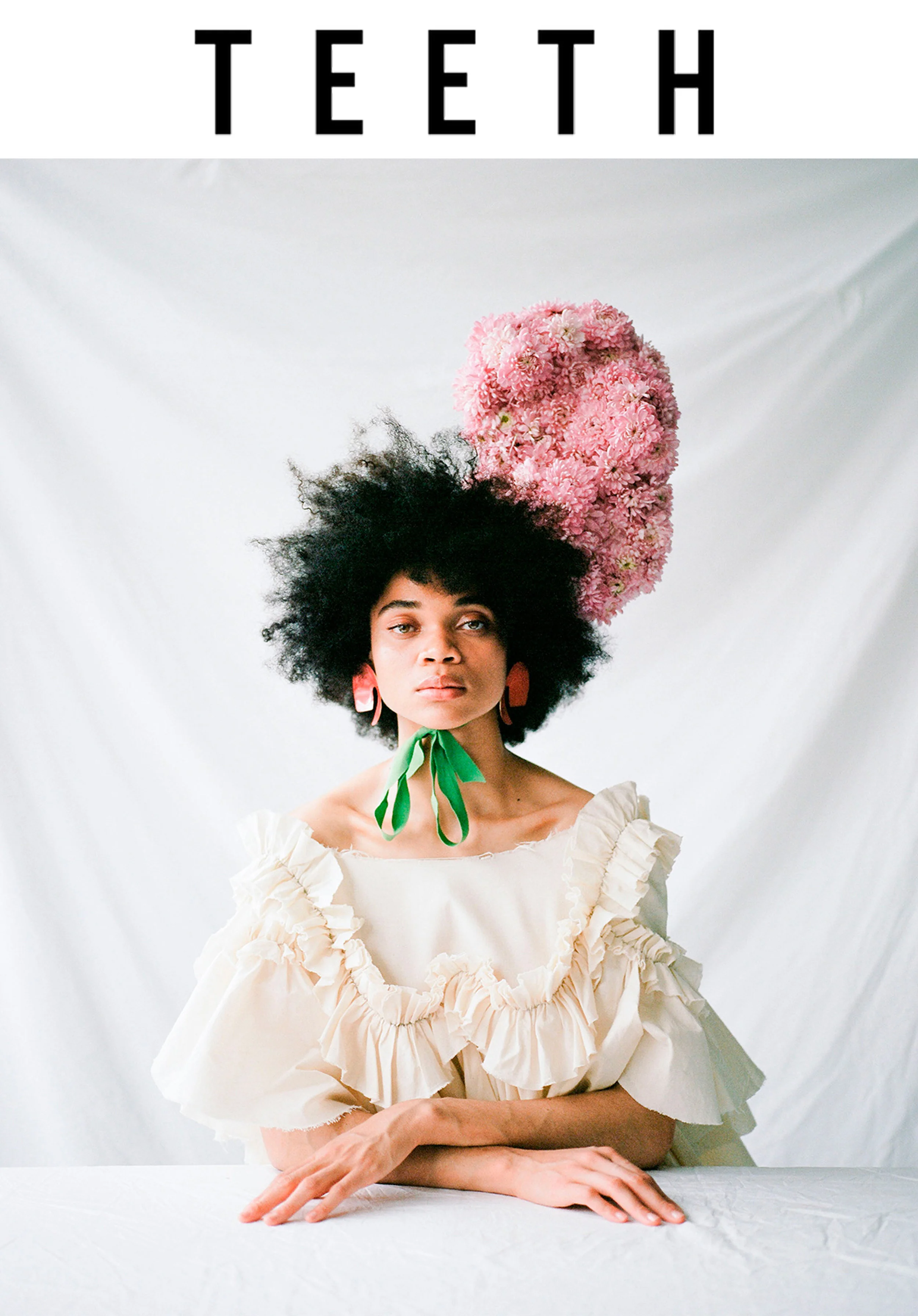 teeth magazine fashion editorial featuring kelsey randall muslin angel ruffle dress Photographer: Whitney Hayes Stylist: Bettina Bati Hair: Tsuyoshi Harada Makeup: Andrew Colvin Floral Designer: Doan Ly Model: Chavi St. Hill at D1 Models Photo Assistant: Jordan Geiger Styling Assistant: Akari Saito Kelsey Randall dreamy demi-couture womenswear crafted in nyc for future icons, rock stars, and goddesses made-to-measure bespoke handcrafted custom bridal made in NYC brooklyn bushwick new york city sustainable ethical diverse boss lady werk