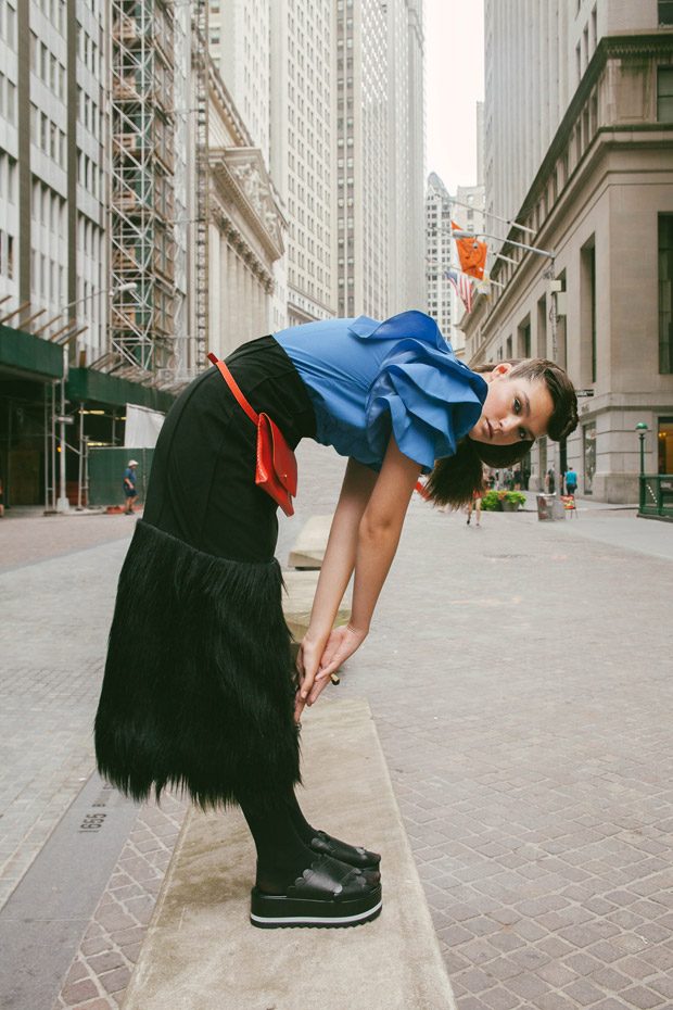 design scene fashion editorial featuring kelsey randall black suede and faux fur skirt