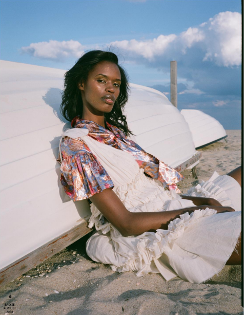 salyse magazine fashion editorial featuring kelsey randall floral silk lamé tie neck dress
