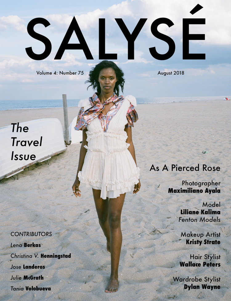 salysé magazine fashion editorial featuring kelsey randall floral silk lamé tie neck dress