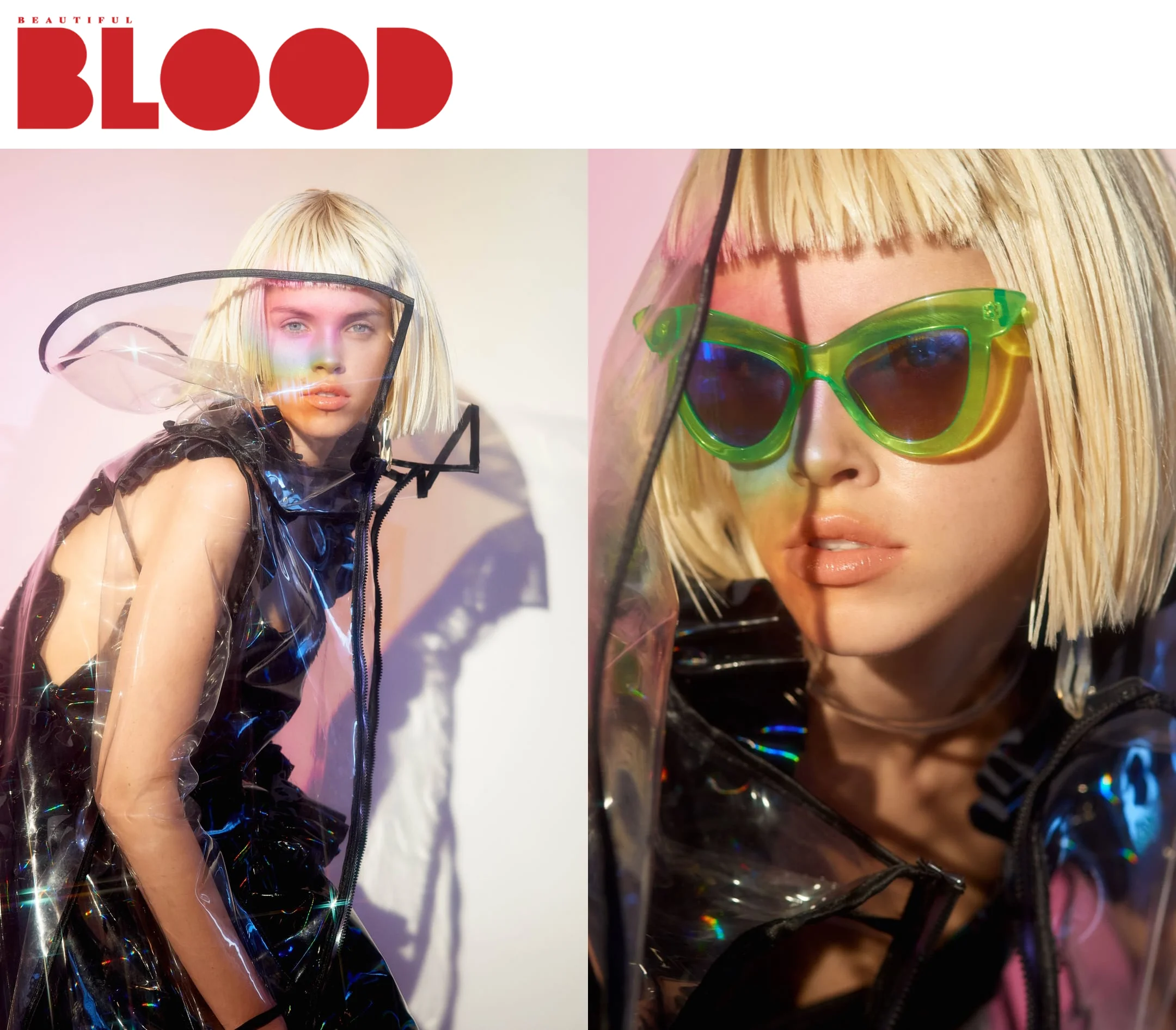 Beautiful Blood Rute Bock Industry Model Management Photographers / FIONAYEDUARDO, Styling / HATTIE DOOLITTLE , Hair / JENNI IVA WIMMERSTEDT, Makeup / JENNY SAUCEDA fashion editorial featuring kelsey randall holographic rainbow vinyl black pvc ruffle dress shoulder hip Kelsey Randall dreamy demi-couture womenswear crafted in nyc for future icons, rock stars, and goddesses made-to-measure bespoke handcrafted custom bridal made in NYC brooklyn bushwick new york city sustainable ethical diverse boss lady werk
