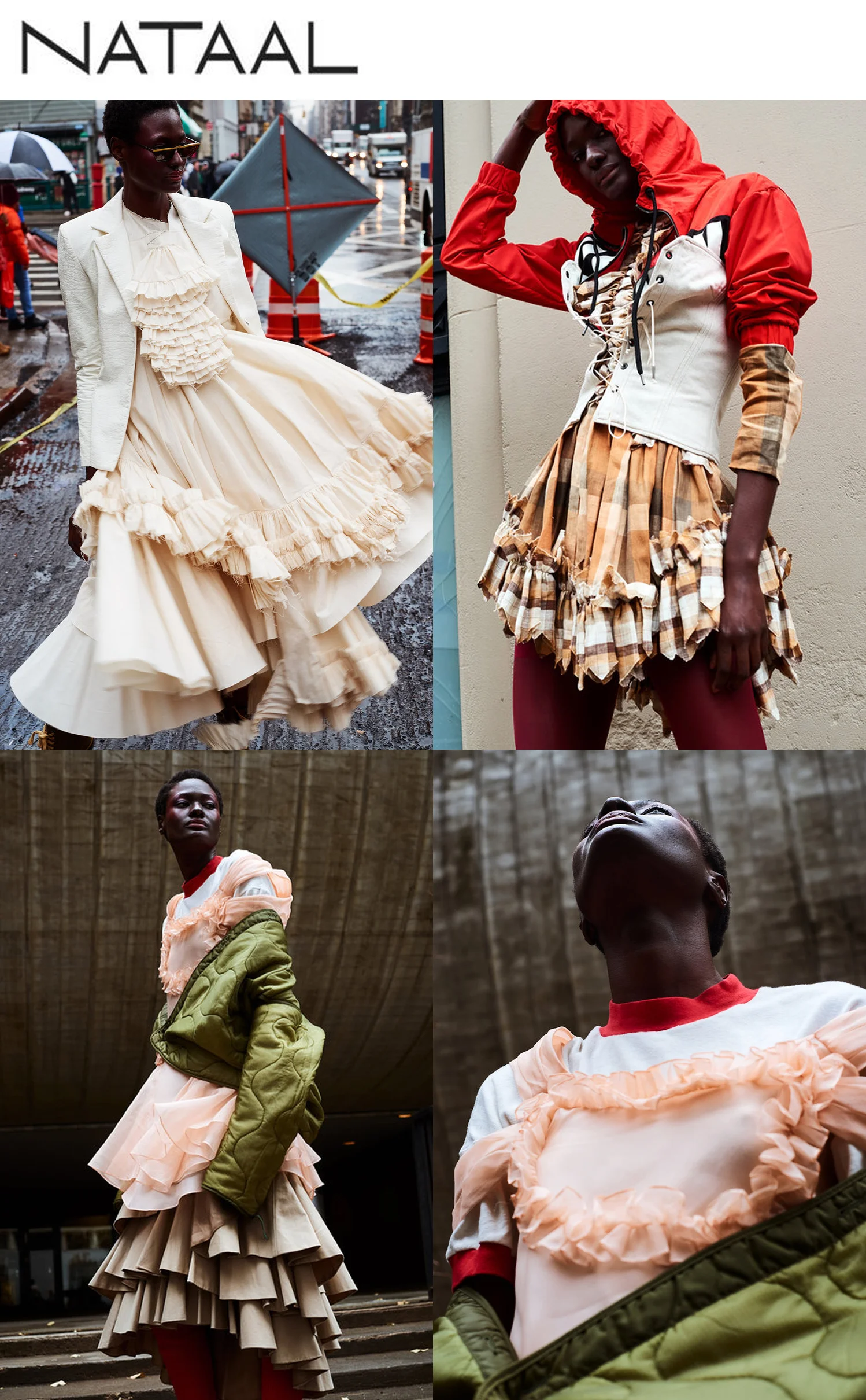 nataal fashion editorial featuring kelsey randall muslin ruffle dress, flannel dickey, orange brown cream plaid irish linen ruffle dress, peach silk organza cinderella dress Senegalese model Amy Faye Photography Geoffrey Voight Leung Styling Christina Tung Model Amy Faye at APM Hair Nigella Miller Make-up Marika Aoki Styling assistance Sirena Kuo Kelsey Randall dreamy demi-couture womenswear crafted in nyc for future icons, rock stars, and goddesses made-to-measure bespoke handcrafted custom bridal made in NYC brooklyn bushwick new york city sustainable ethical diverse boss lady werk