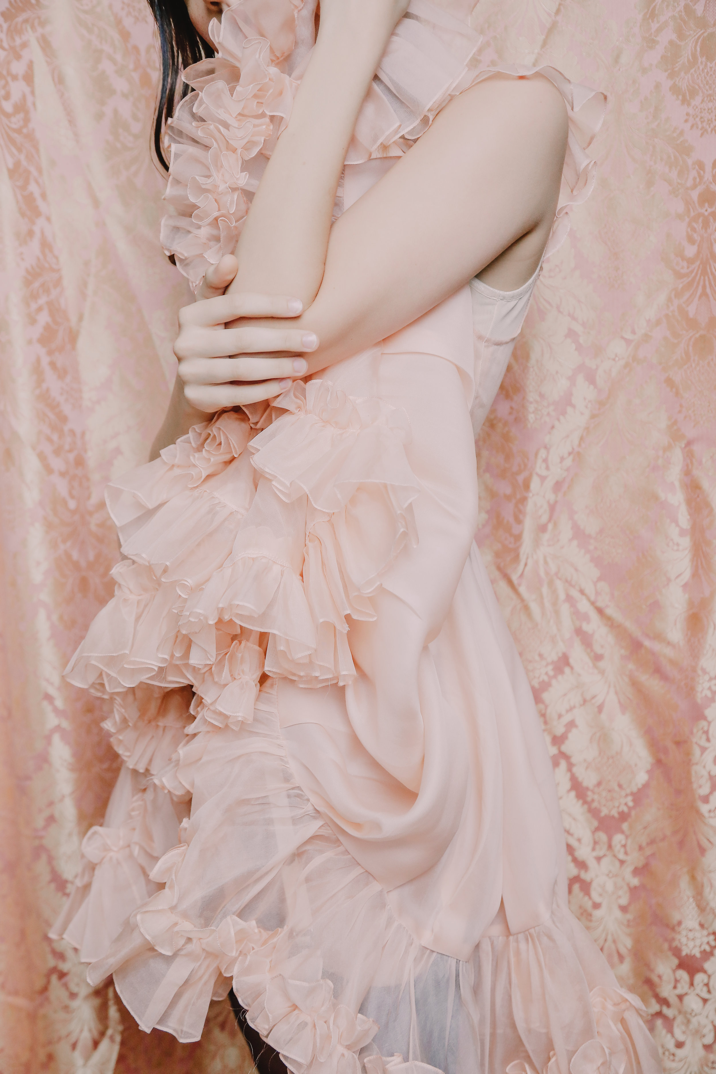 vanity teen fashion editorial featuring kelsey randall peach silk organza mermaid dress