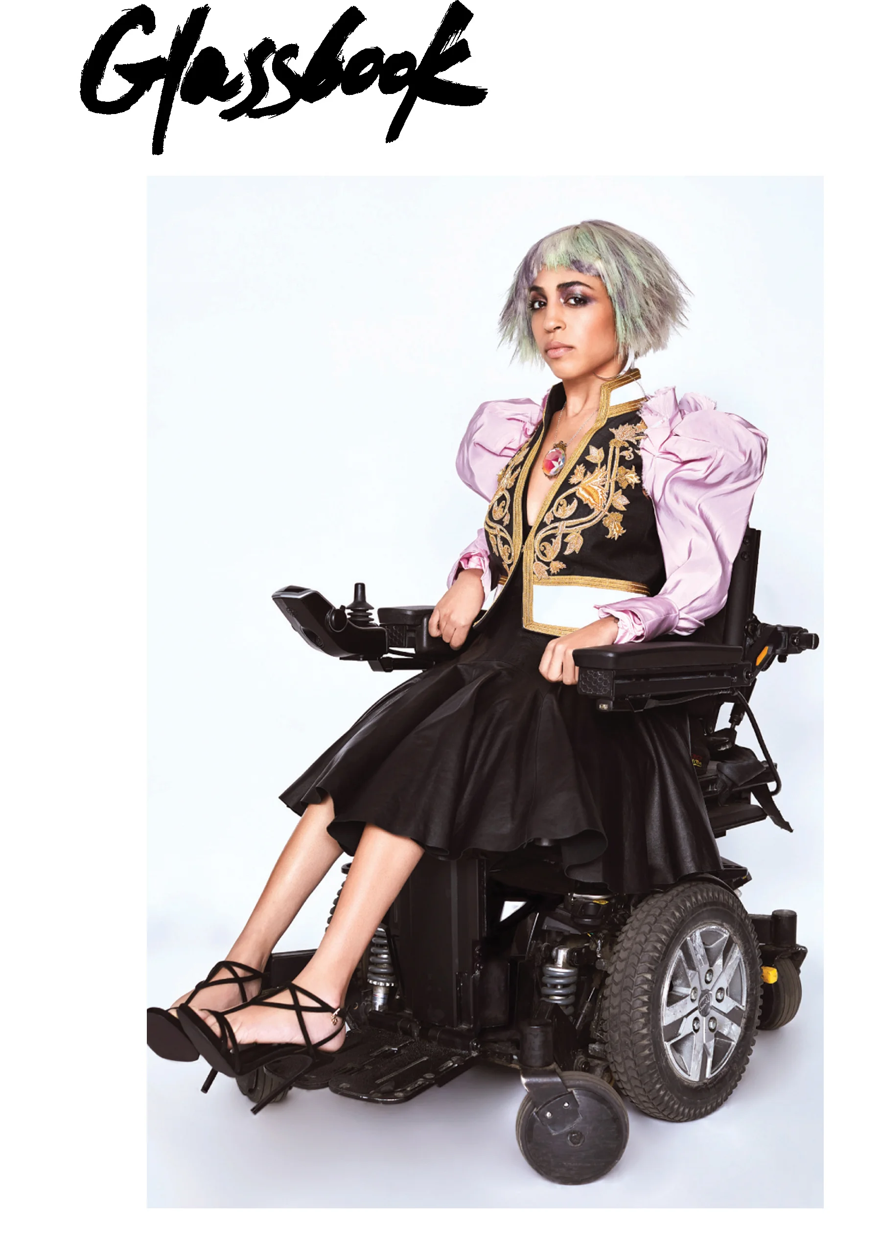 Glassbook magazine print editorial fashion feature diversity strength wheelchair disabilities beautiful pastel hair Kelsey Randall black leather jumper dress made-to-measure bespoke custom sustainable ethical made in New York City Brooklyn NYC Bushwick handcrafted sustainable luxury styled by Shea Daspin photographer Paolo Testa hair Lorenzo Diaz model Jilliam Mercado IMG models worldwide