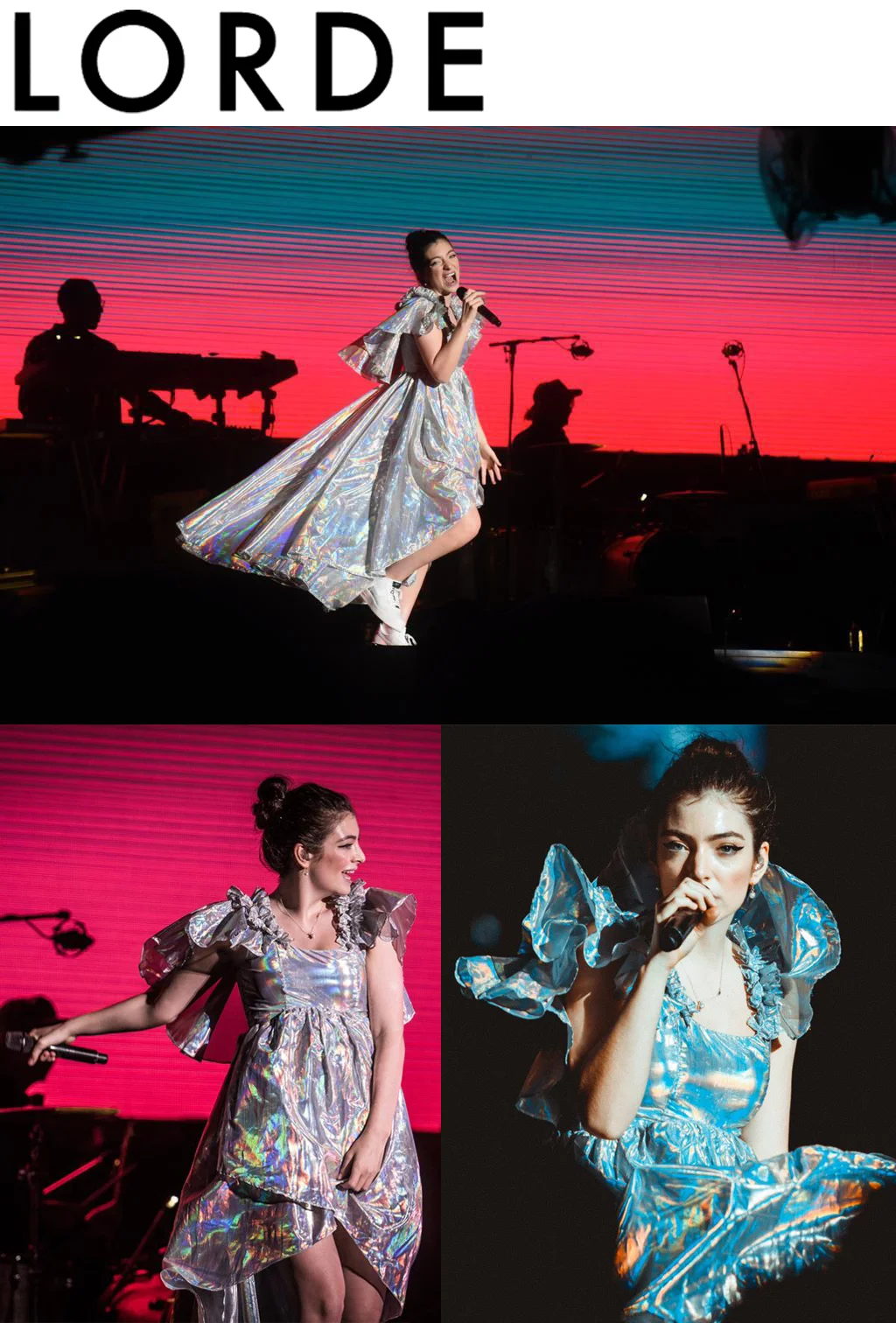 Lorde personal music festival buenos aires argentina styled by karla welch wearing Kelsey Randall holographic ruffle cape back angel gown high-low dress