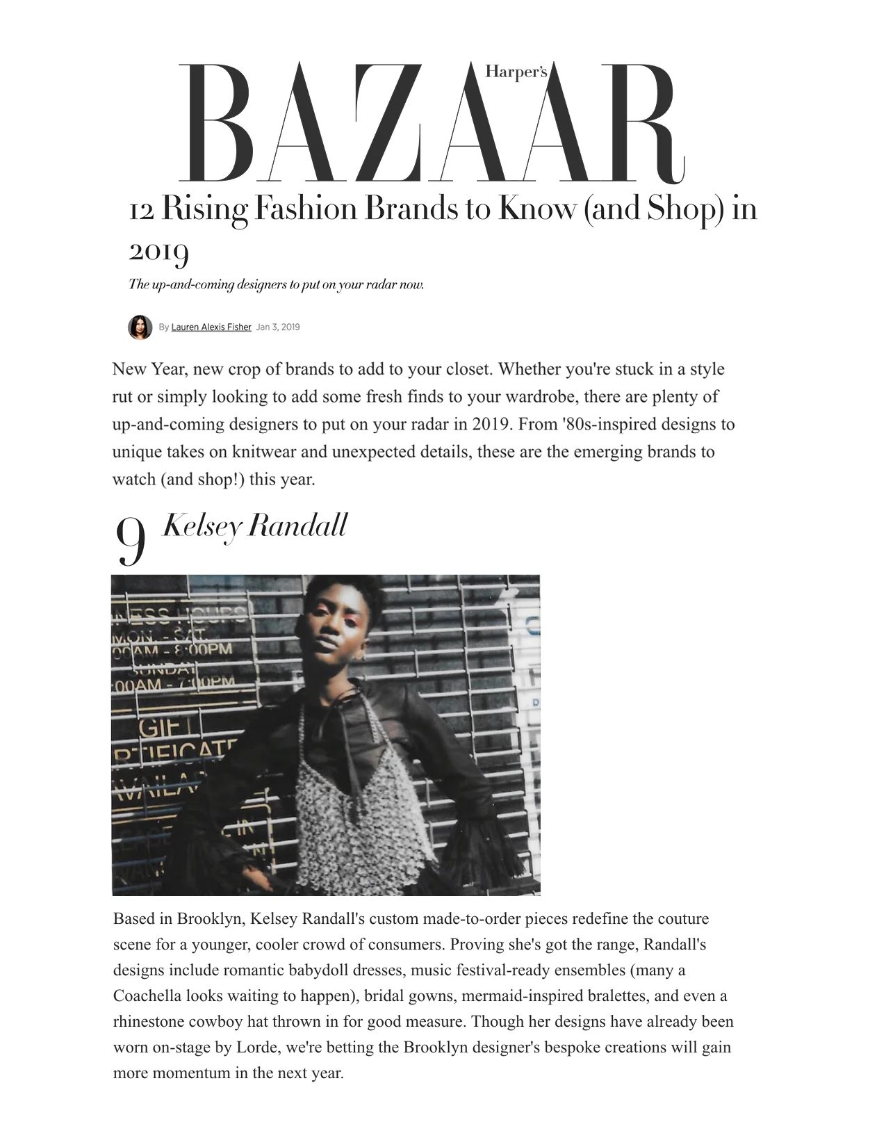 Harper’s Bazaar January 2019 feature 12 designers to watch in 2019 fashion rising stars up-and-coming ones to watch emerging designer best new designers kelsey randall bespoke custom made-to-measure couture demi-couture choachella mermaid bridal rhinestone cowboy hat crystal chainmail