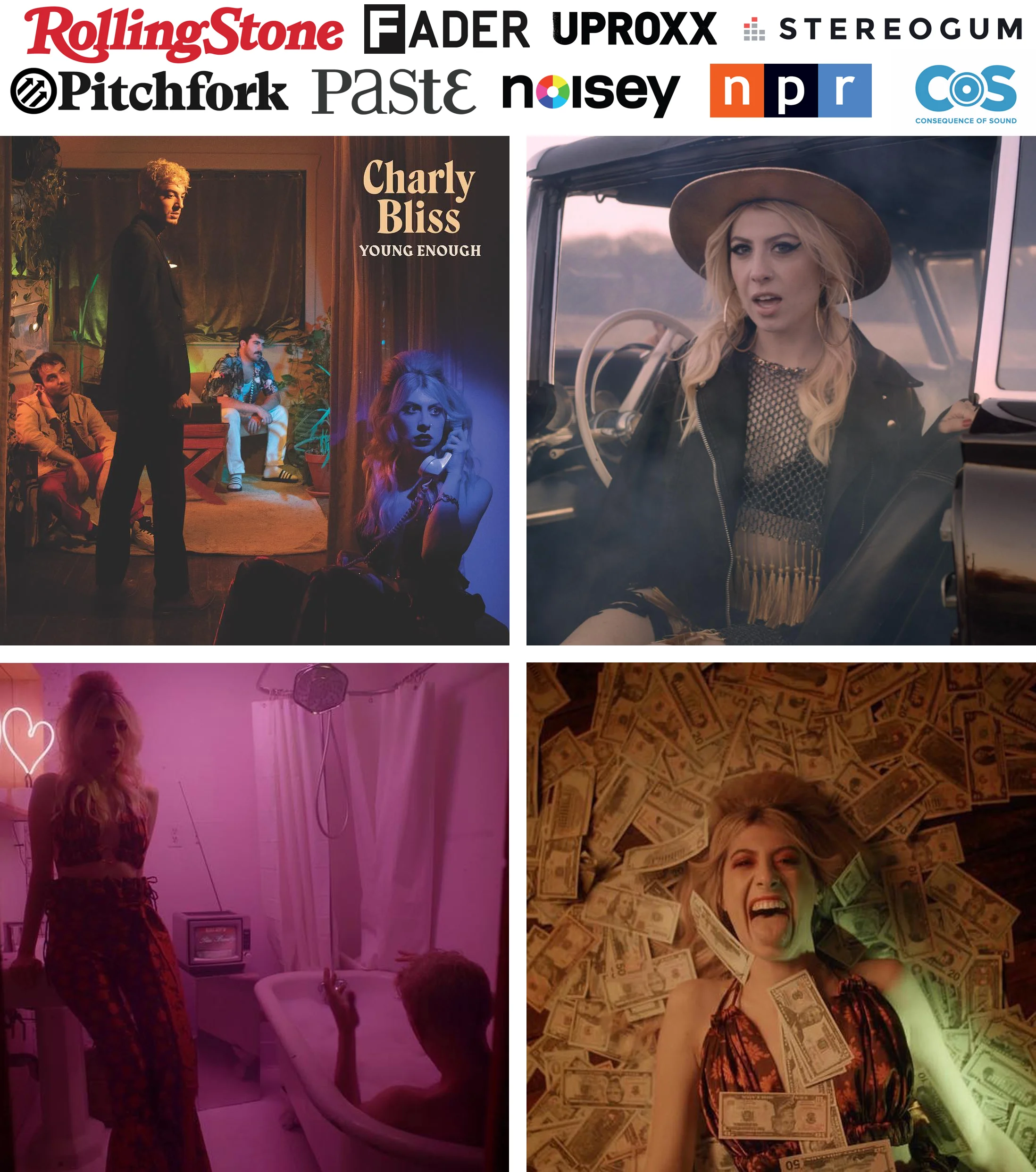 Charly Bliss Capacity music video styled by Kelsey Randall Eva Hendricks wears new looks kelsey randall floral silk pants matching top set, navy lurex fishnet fringe gold chain top and matching skirt. video directed by japanese breakfast michelle zauner