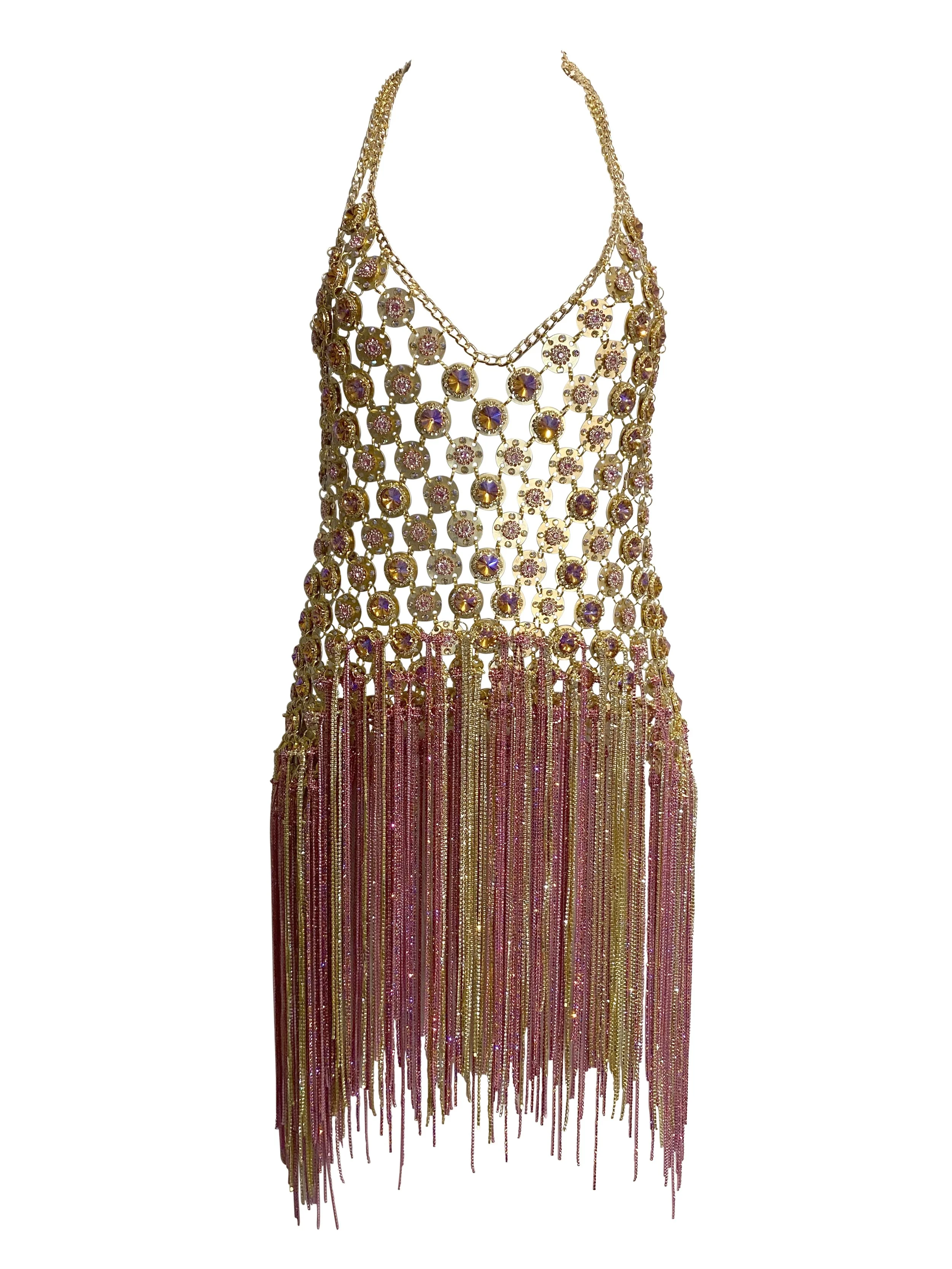 SENN rhiestone fringe chainmail dress in raspberry.jpg