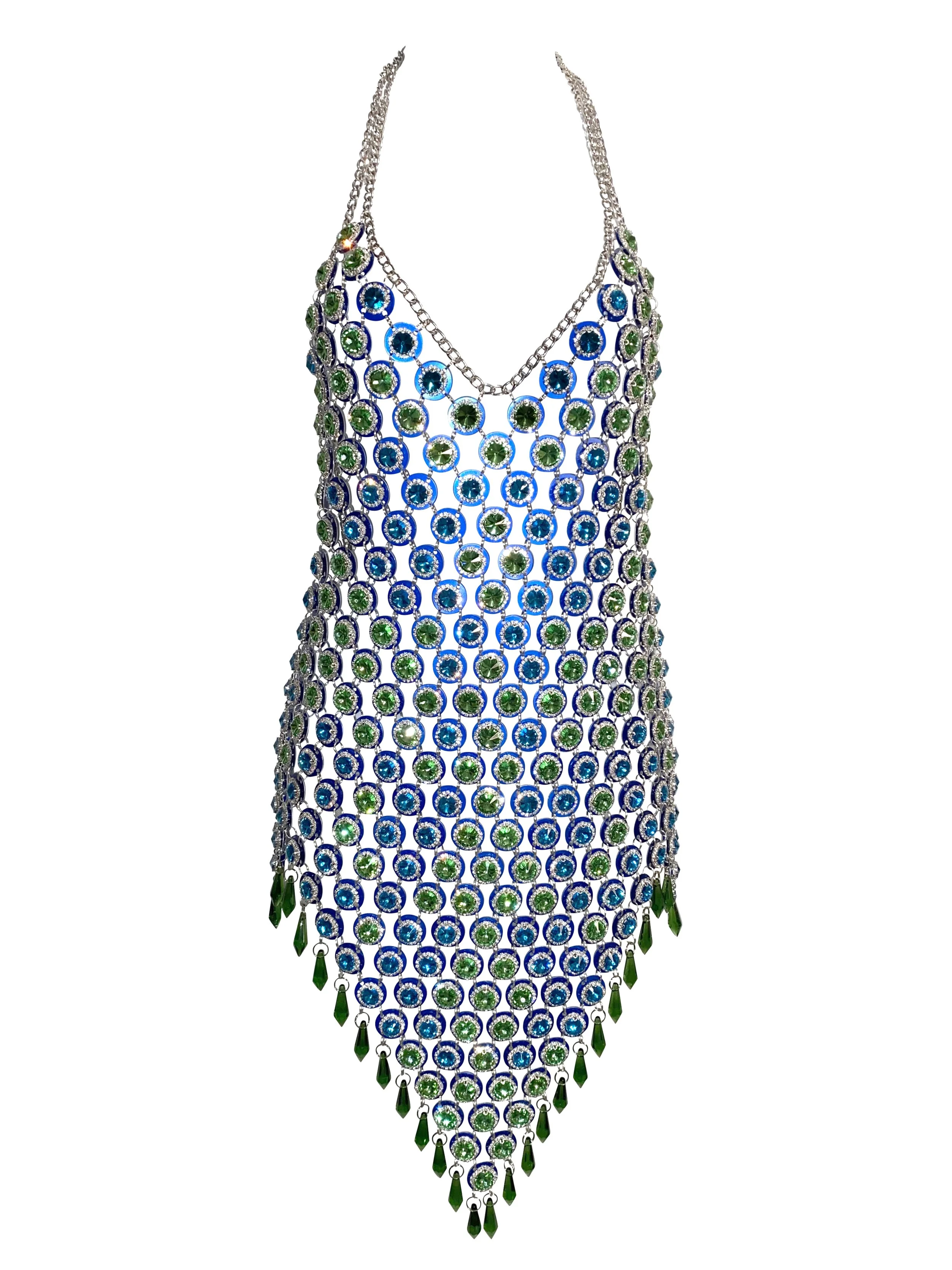 CELINE gemstone chainmail dress in blue green.jpg
