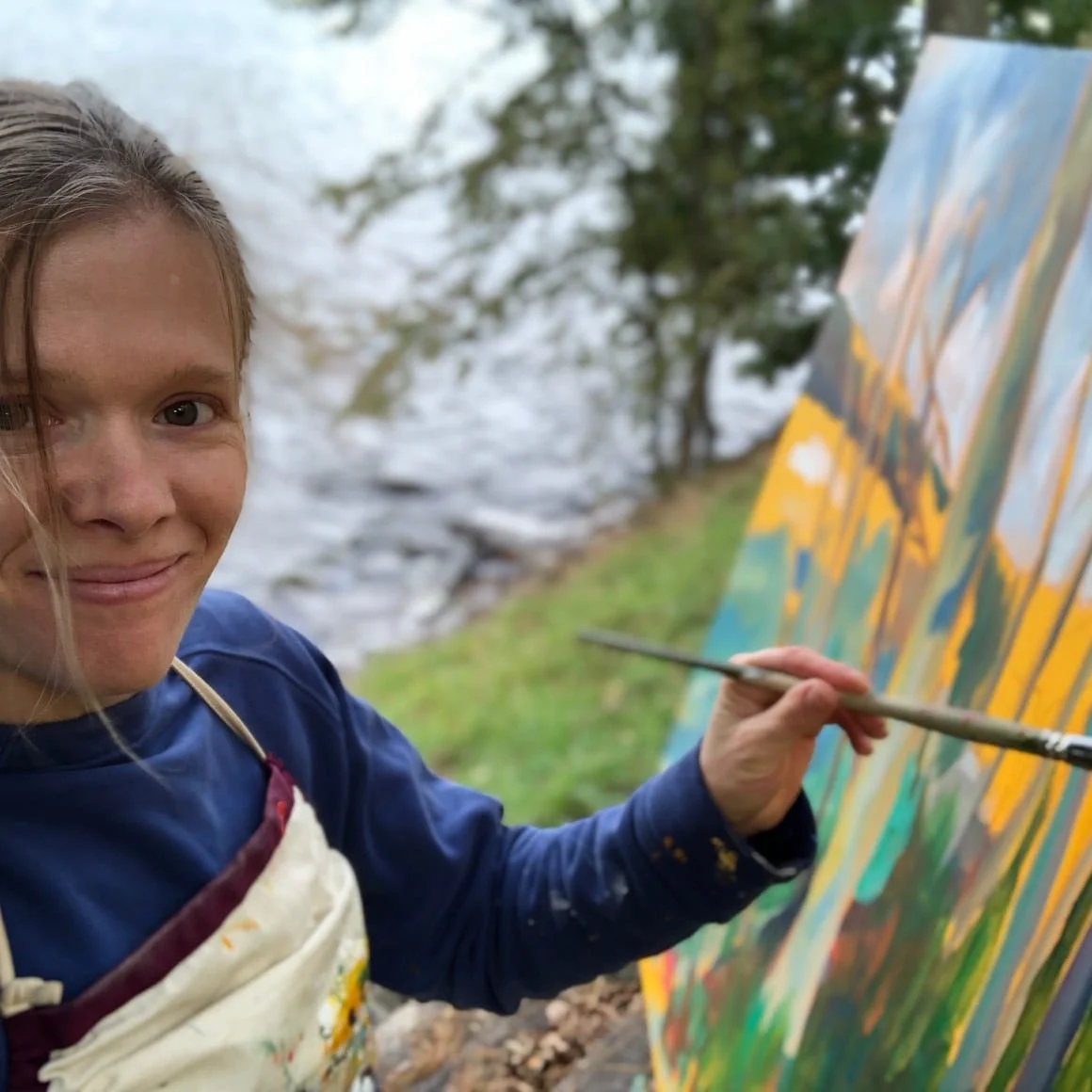 Bronwen Mayer Henry painting en plein air at Lake Wallenpaupack Creativity and Freedom Retreat 2018