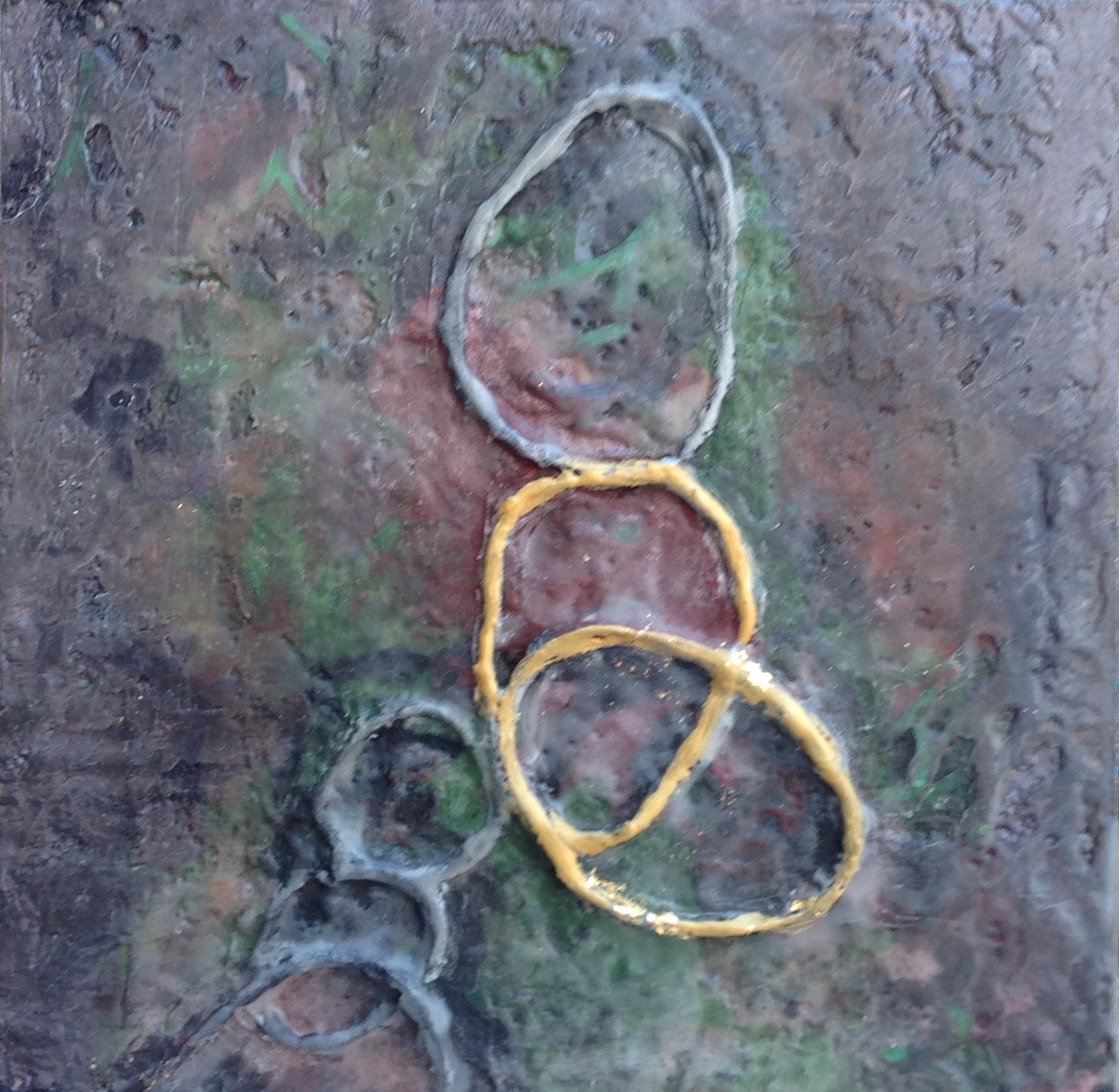   In the Loop , encaustic and found objects on board,&nbsp;8 x 8 in. 