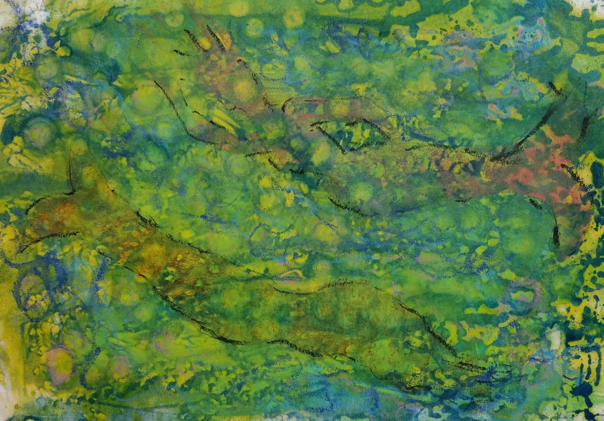   Let’s Go for a Swim , encaustic monotype, 12 x 18 in. 