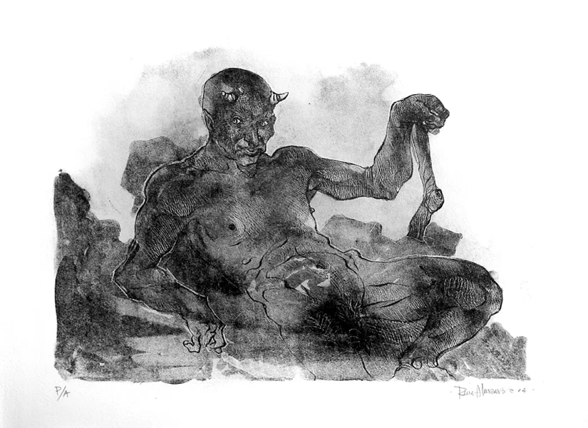 "Don Diablo" litografia sobre mármol mexicano, edición de 7, 38x57cm, 2004.