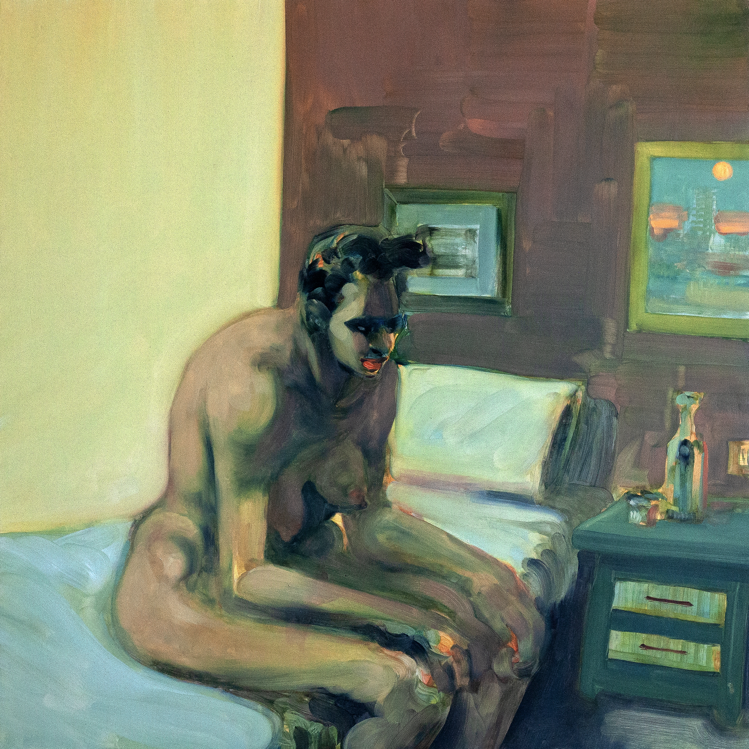 Autorretrato con tetas para citar a Edward Hopper y encajar en la agenda, 60x60 cm, óleo sobre creta, 2020, Oaxaca