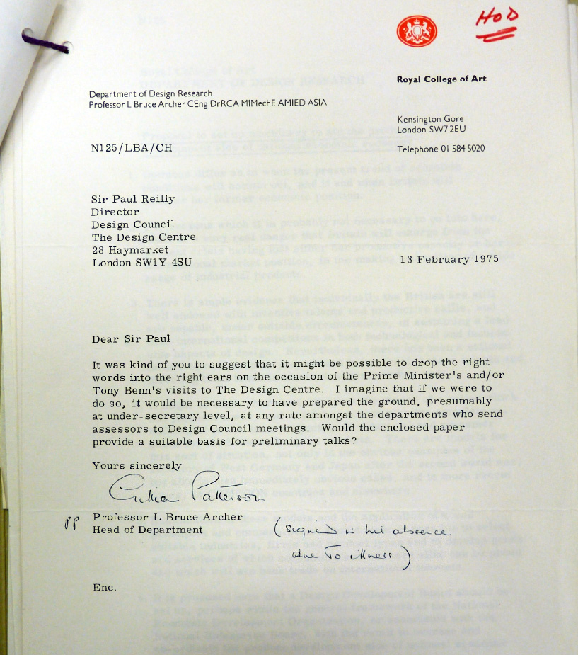 In this letter, Archer asks Sir Paul Reilly, Director of the Design Council, to have a word with the Prime Minister (Harold Wilson) or Tony Benn ( Secretary of State for Industry) about his proposal for a Design Development Board. The letter and accompanying 2-page proposal are in the Design Council Archive at University of Brighton. Reproduced here with permission.