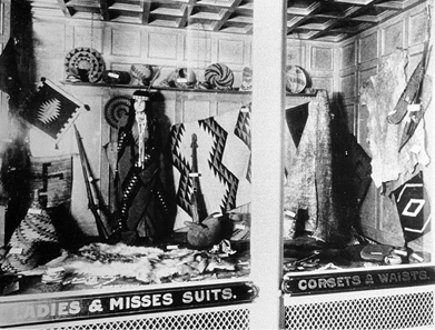 "Rosenberg's store window display of indian baskets" Chico, CA c. 1912. Image courtesy of Bidwell Mansion State Historic Park, and Special Collections Dept. Meriam Library, CSU, Chico 1909