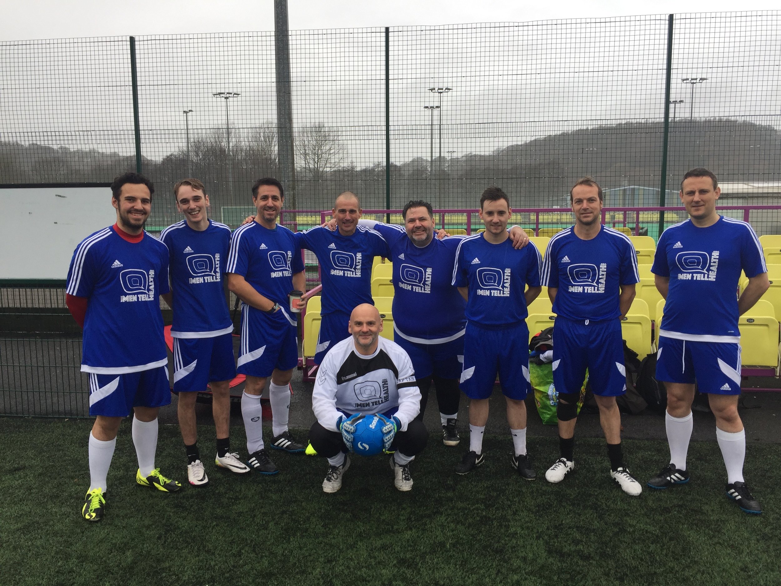 The largest squad ever assembled... I mean in numbers, not girth ;-) L-R James 'Cesc Fabregas' Doppelgänger' Skinner, Callum 'I'm Too Good To Wear the Official Socks' Bendelow, Gavin 'Buster The Dog Sucks..but what's happening with your hand?' Dawson, Peter 'Yellow Flash' Burgess, Richard 'Just squatting, not having a poo' Bendelow, Gary 'Yes, he's wearing leggings' Pollard, Liam 'Not That One, The Other One' Bendelow, James 'New Dad' Wolsey, Gareth 'Fig Roll' Cooper.