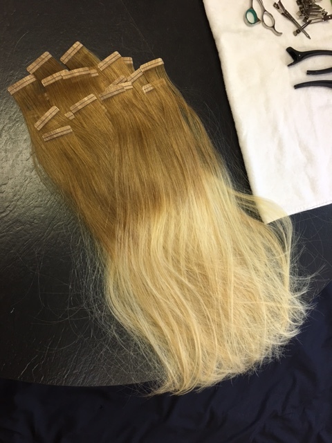 Custom colored Beach Blonde Extension ombre! These are the tape-ins that are the semi permanent solution that lasts 8-10 weeks. They come out damage free with a special coconut oil spray! 