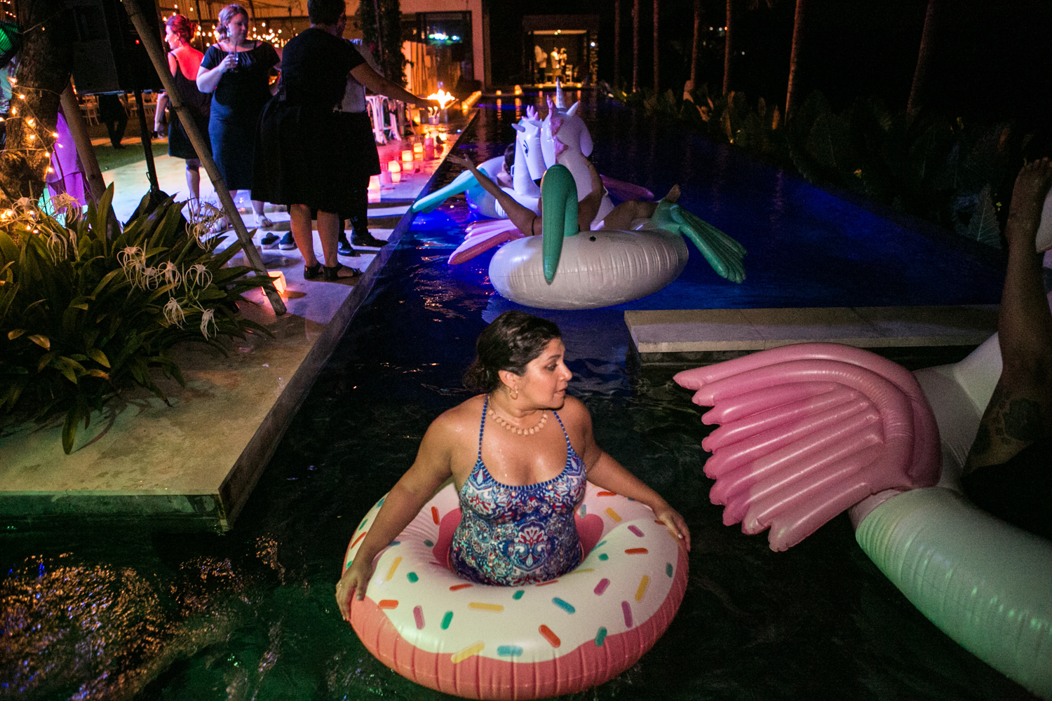 Swim party at destination wedding reception