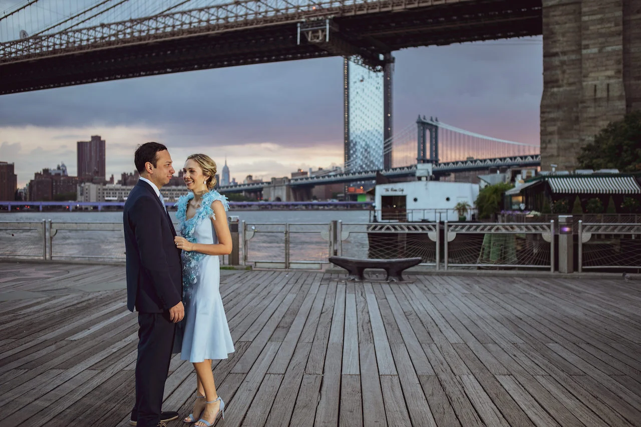 Engagement photos in front Brooklyn Bridge at Sunrise | Brooklyn Bridge Anniversary Session | Brooklyn Bridge Wedding Photos