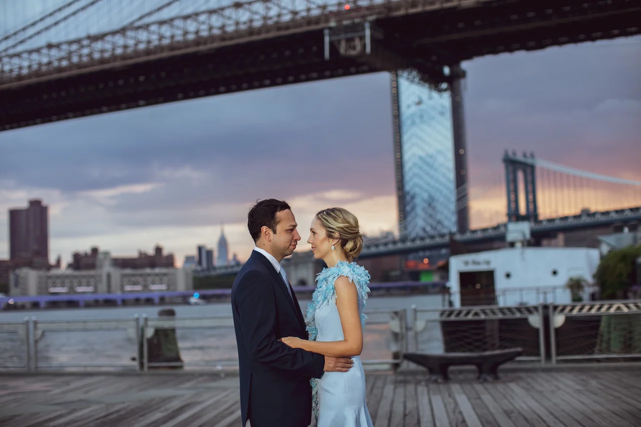 Anniversary photos in front of the Brooklyn Bridge at Sunrise | Brooklyn Bridge Anniversary Session | Brooklyn Bridge Wedding Photos | Early morning Brooklyn Bridge engaement photo session