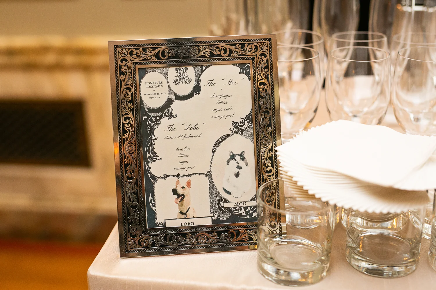 Signature wedding cocktails named for the couple’s dog and cat.