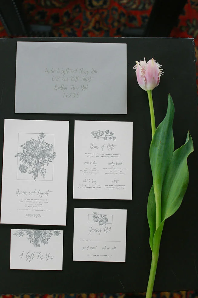 Gray floral wedding invitations - Christa Alexandra Designs wedding stationary - NoMad Hotel Wedding in New York City