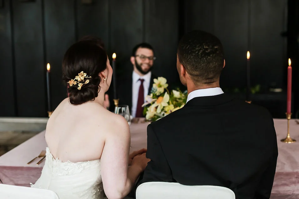 Black tie wedding - Bride and groom meeting their officiant Married by Marley- NoMad Hotel Wedding in New York City