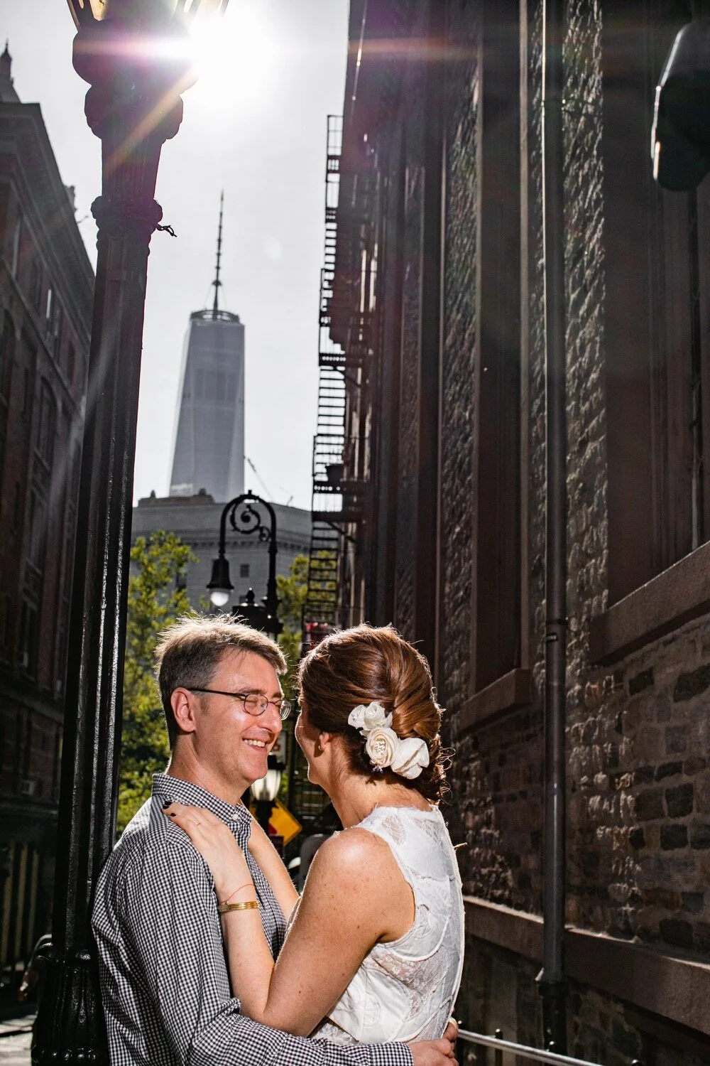 Wedding photos in downtown Manhattan. The World Trade Center can be seen in the background.