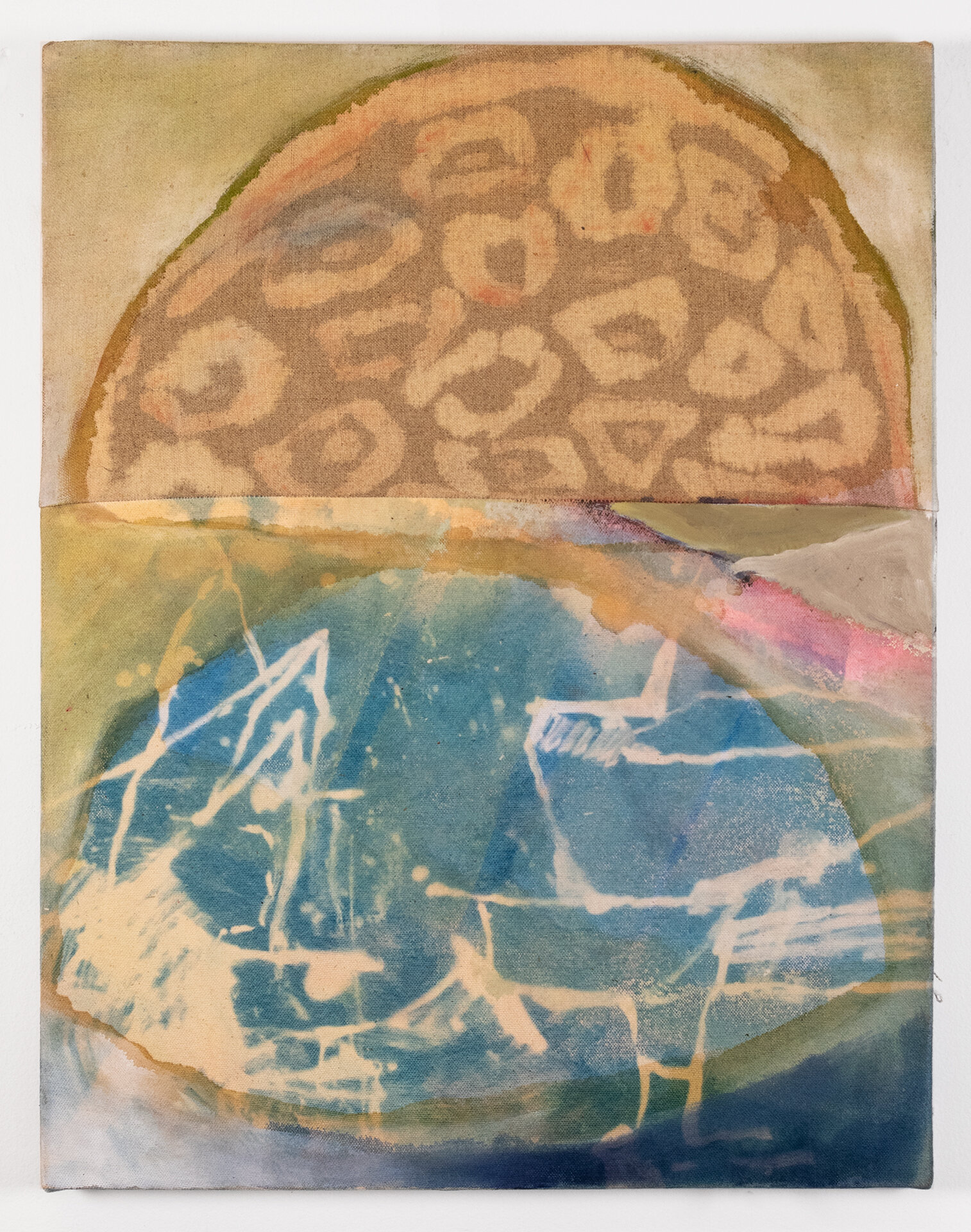   Both Halves   Oil, acrylic, bleach, and cyanotype on sewn canvas and linen  20 x 16 in.  2019    