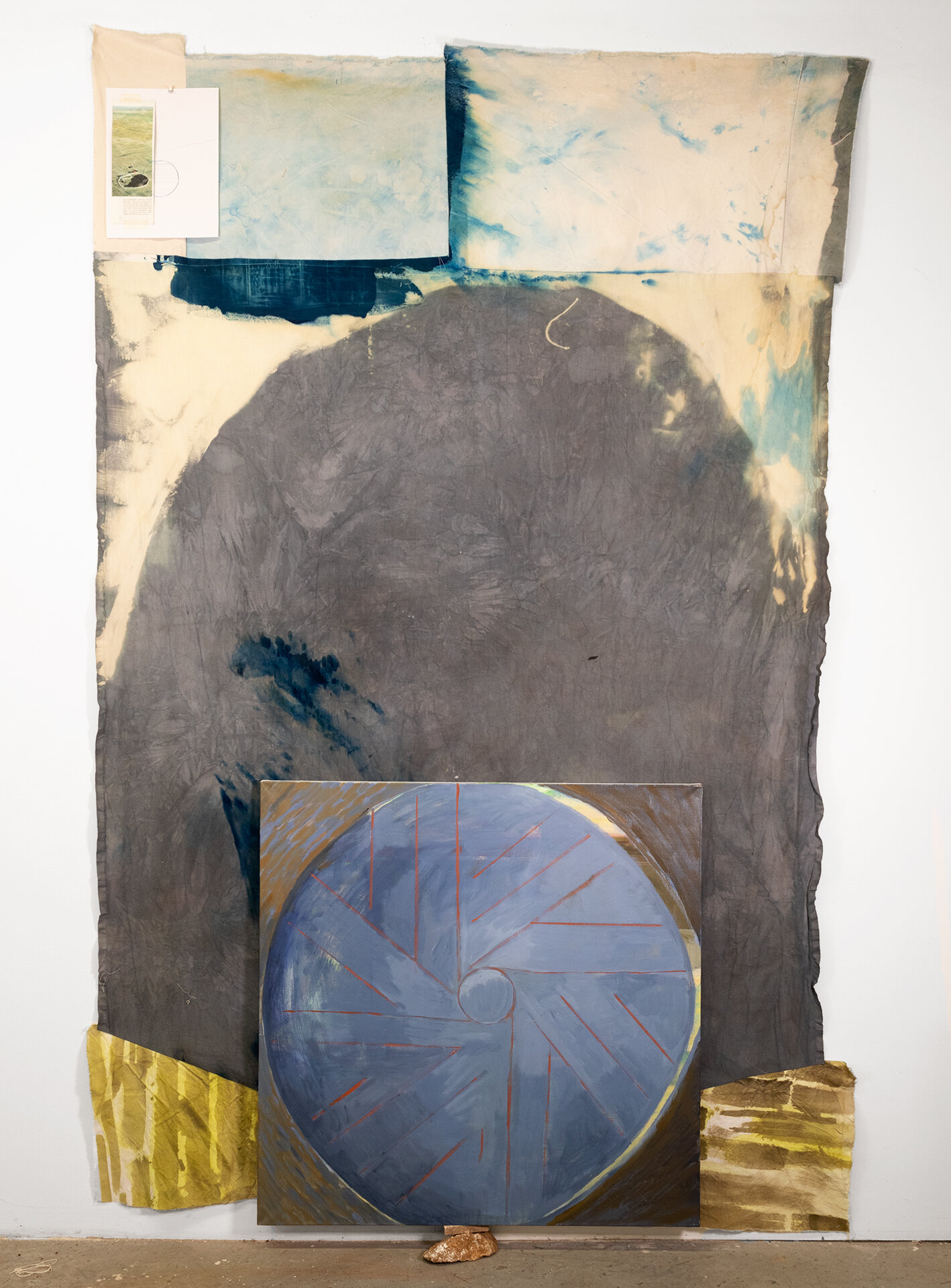   Wait Till Next Year   36 x 36 (inner panel); 96 x 60 (outer canvas)  Dye, bleach, acrylic, oil, Tennessee marble, graphite, and collage on sewn, unstretched canvas  2019    