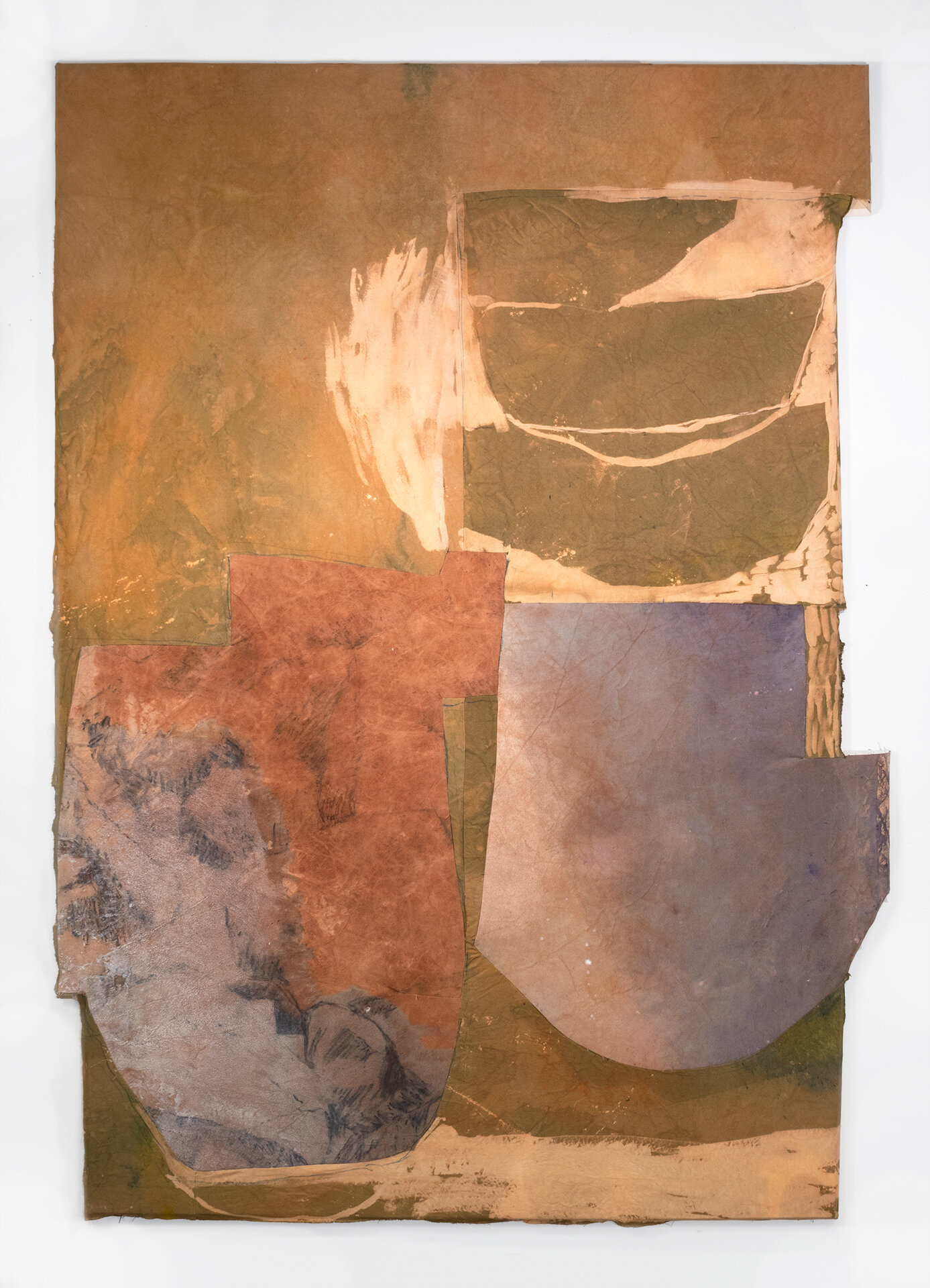  Zero, One, Three  Natural dye, synthetic dye, acrylic, bleach, and graphite on sewn canvas  89 x 60 in. (dimensions variable)  2019 