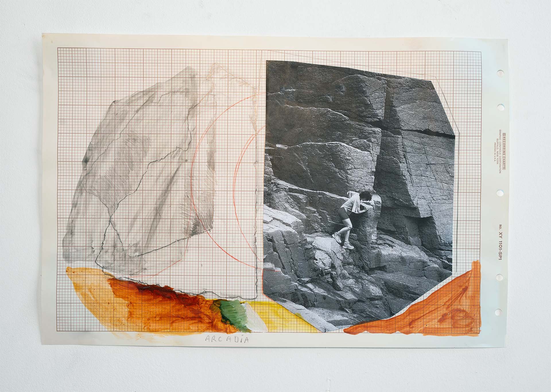  Untitled (arcadia), acrylic, graphite, and collage on plotting paper, 9 x 14 in., 2022 