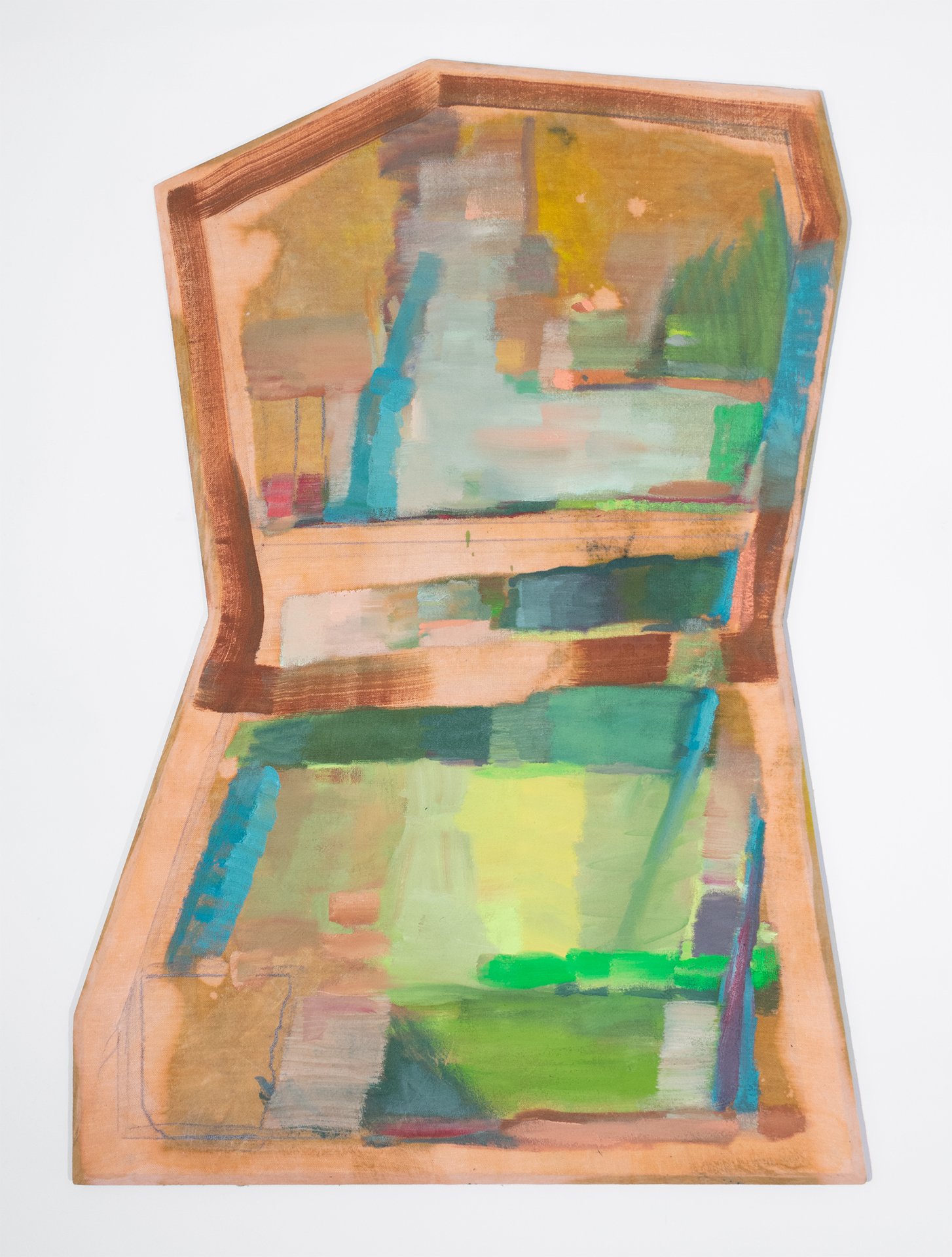  Time Keeper (July), 46 x 28 in., oil, graphite, dye, and bleach on linen with beveled pine, 2022 