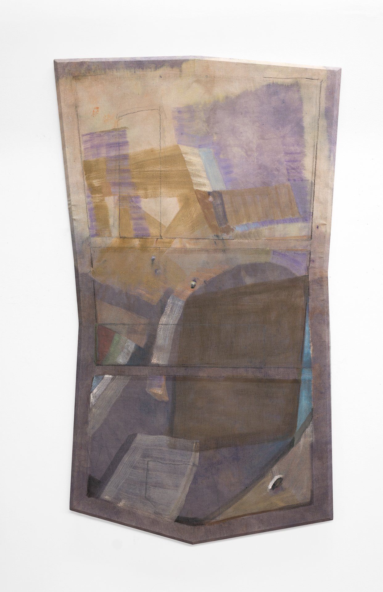  Predicate, 2023. Dye, bleach, graphite, and oil on linen with beveled pine, 70 x 35 x 1 inches (variable dimensions). 