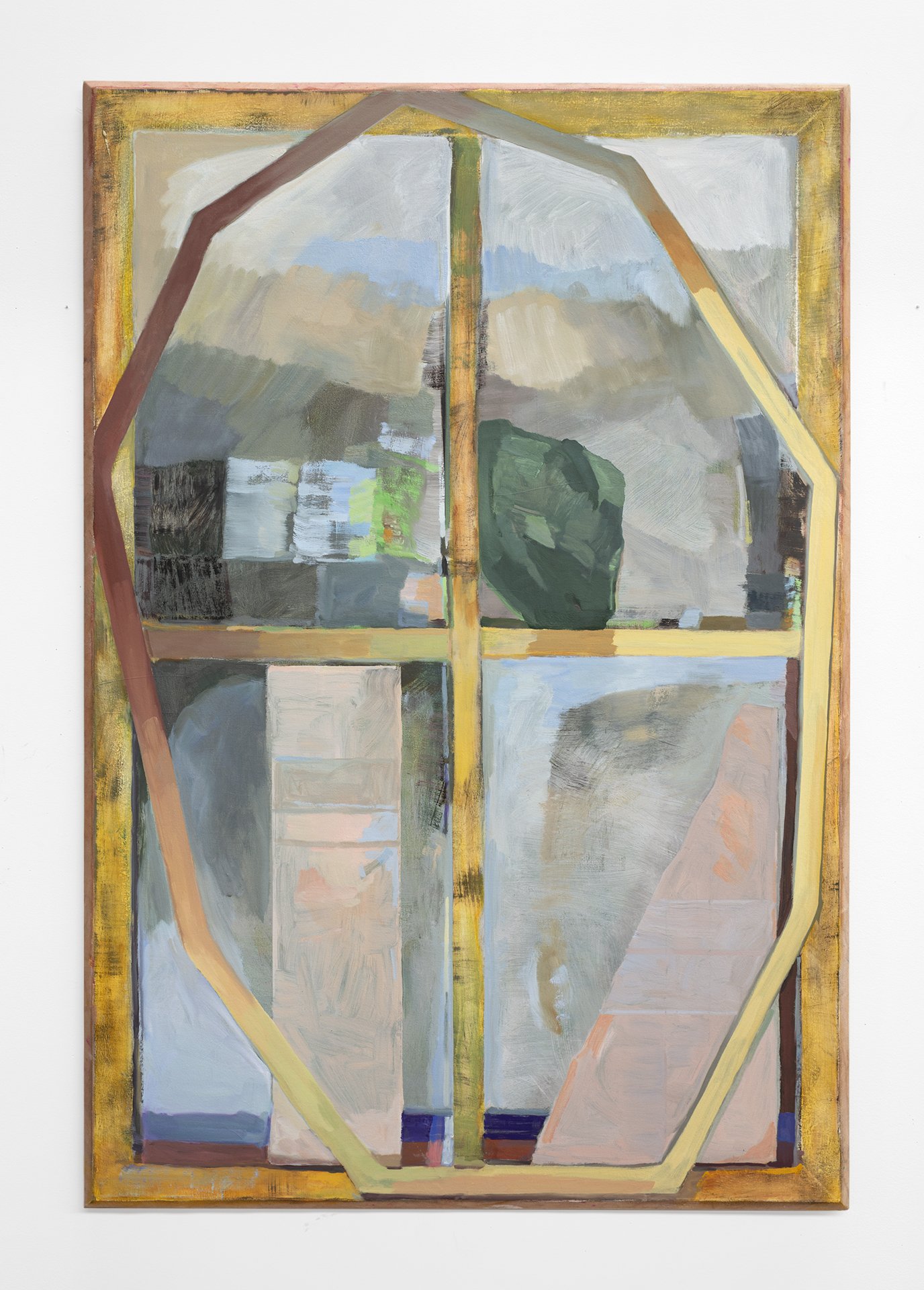  Home and Away, 60 x 38 inches. Oil and dye on canvas with beveled pine, 2023. 