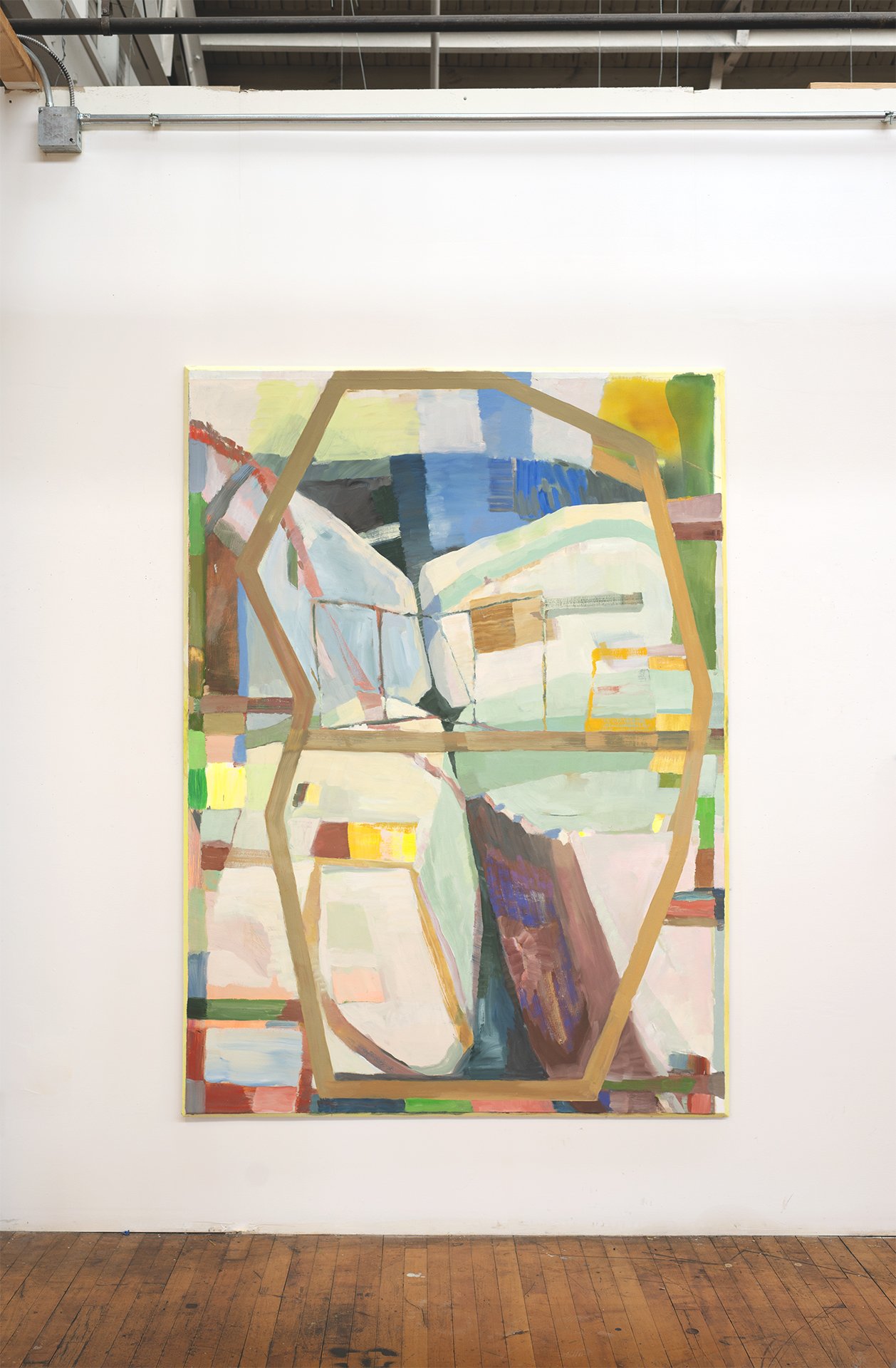  Installation view, Norton Noon, 75 x 55 inches. Oil and acrylic on canvas with beveled pine, 2022. 