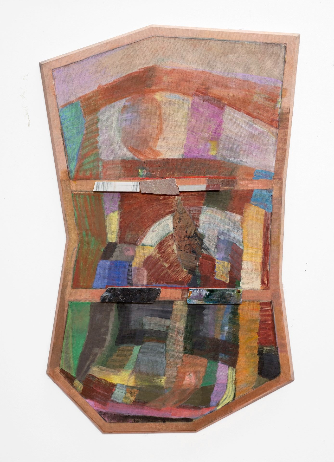  Run-On, 55 x 26 inches (variable dimensions).  Oil, acrylic, graphite, marble (from Georgia, Tennessee, and Vermont on linen with beveled pine, 2022-23. 