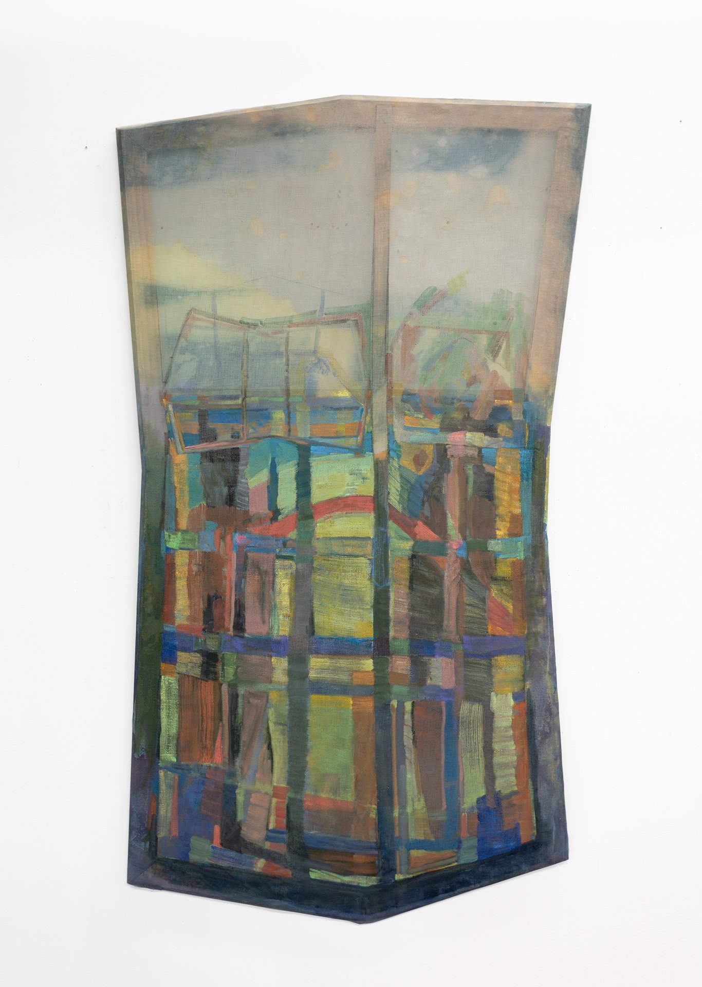  Home and Away, 2023. Dye, bleach, oil, acrylic, and graphite on beveled and bowed pine. 70 x 35 x 5 inches. The edges of this shaped painting are beveled at 45 degrees, and the painting dimensionally bows on a built wooden structure that is visible 