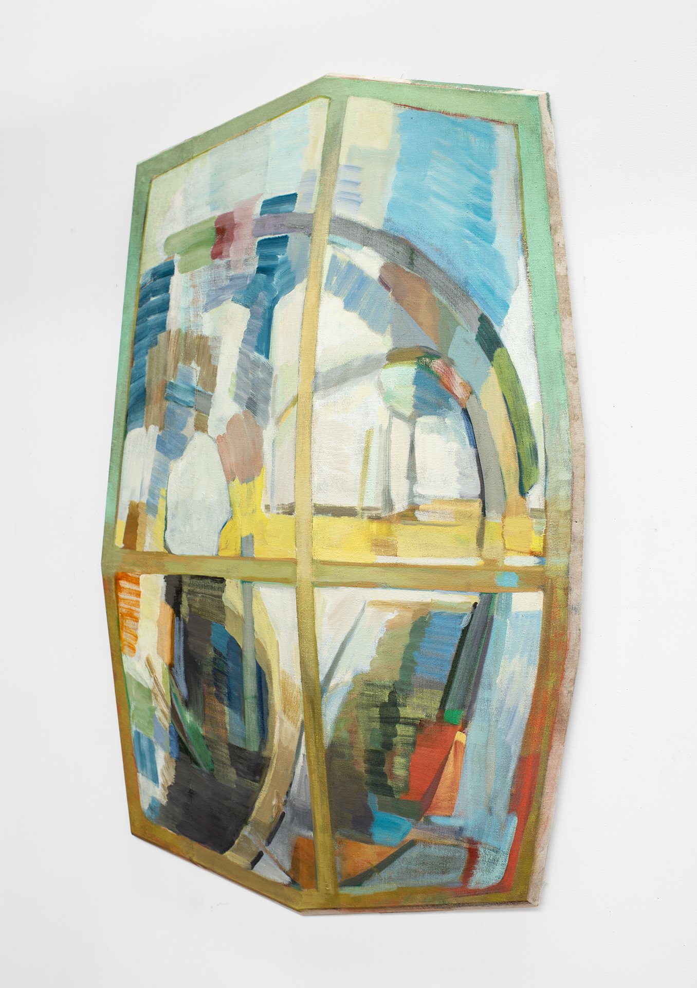  Side view,  Noon’s Weight . The edges of the canvas are beveled at 45 degrees, and the painting dimensionally bows in a convex manner on a built wooden structure. 