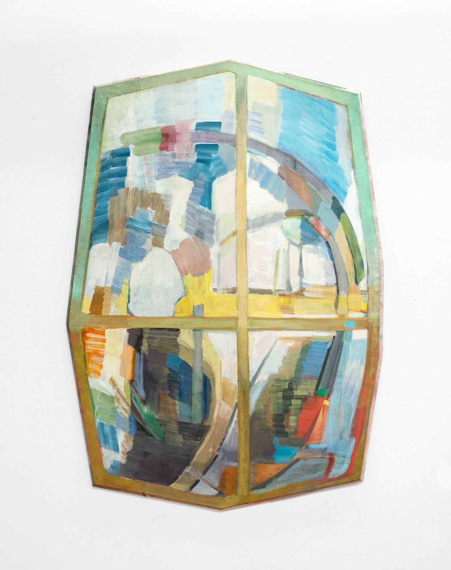  Noon’s Weight, 2023. Oil, acrylic, and graphite on sewn linen with bowed and beveled pine. 61 x 44 x 4 inches. 