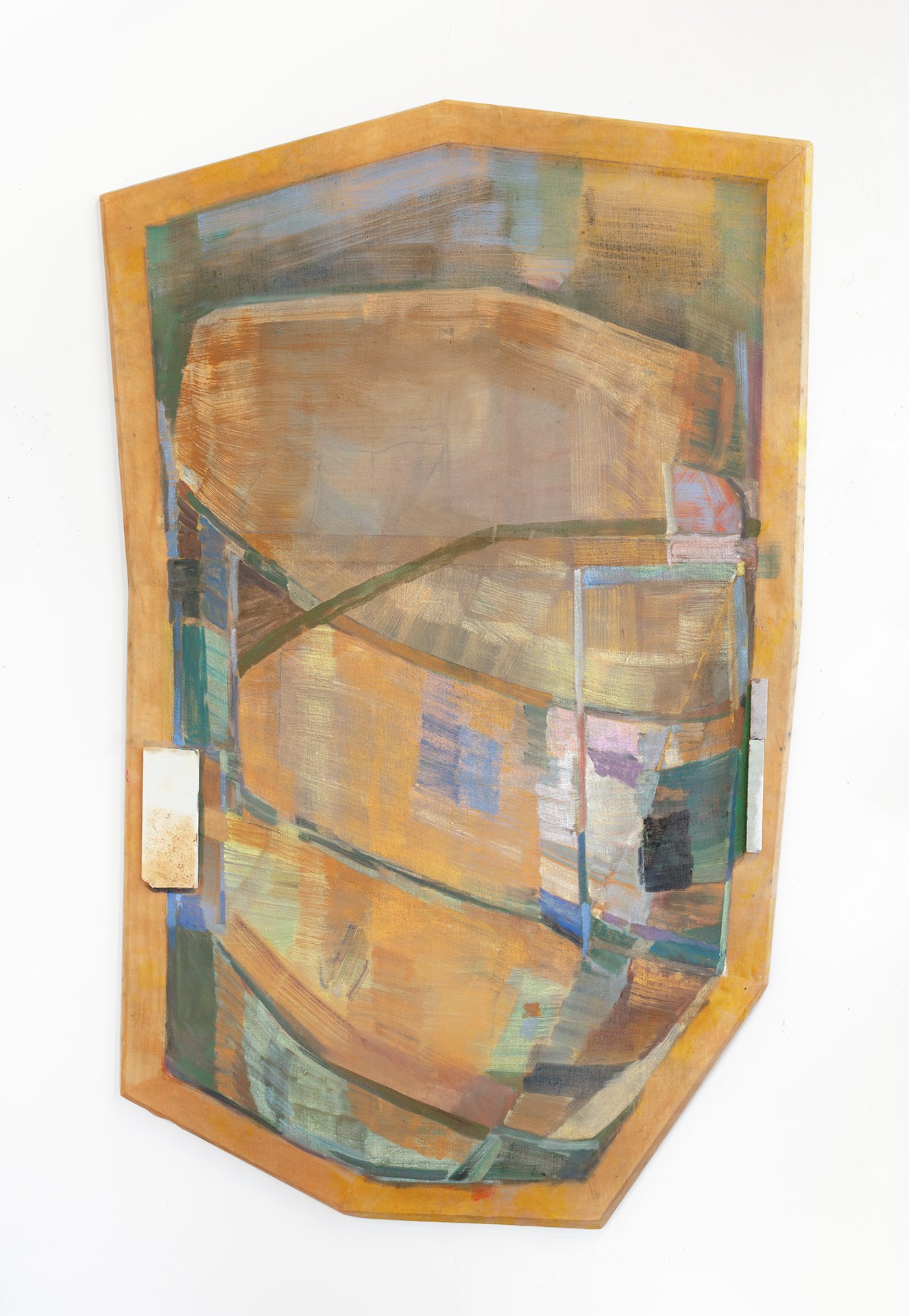  Collective Present, 2023. Dye, oil, acrylic, graphite, and marble on linen with beveled pine. 55 x 35 x 1 inches. 